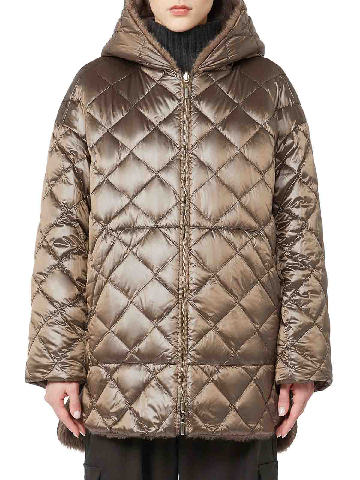 Max Mara The Cube Spacefe Reversible Long Down Jacket In Brown