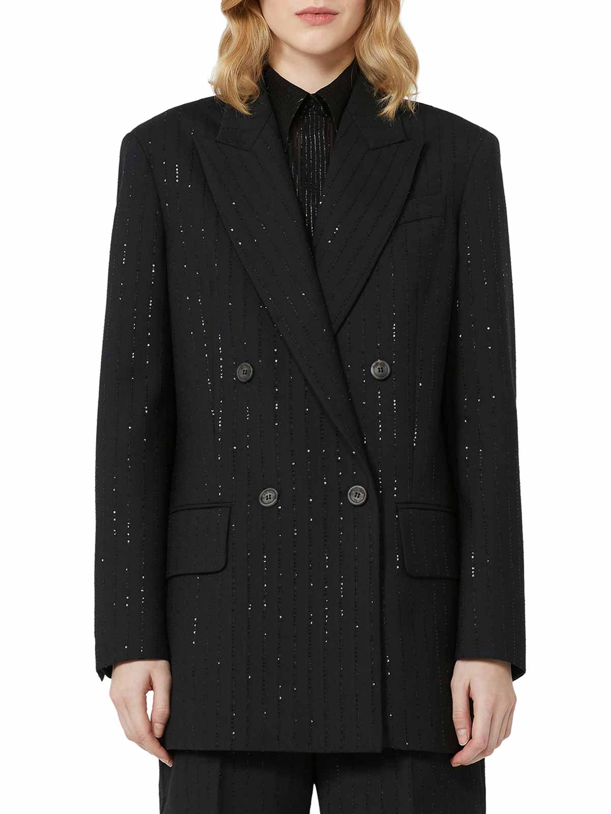 Max Mara Double-breasted Wool And Sequin Blazer In Black