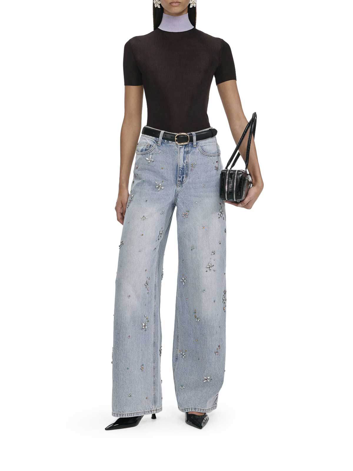 Self-portrait Embellished Wide-leg Jeans With Crystal Embellishment In Blue