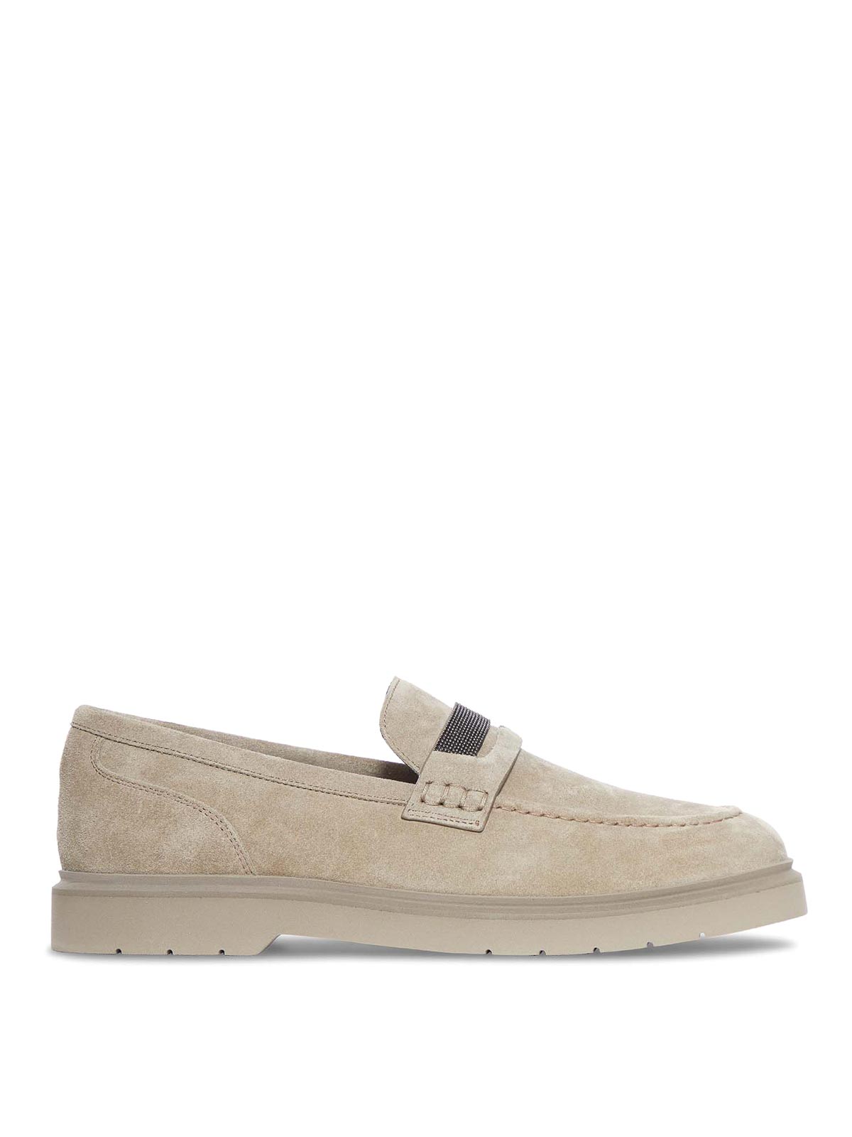 Brunello Cucinelli Penny Loafer In Suede With Monile In White