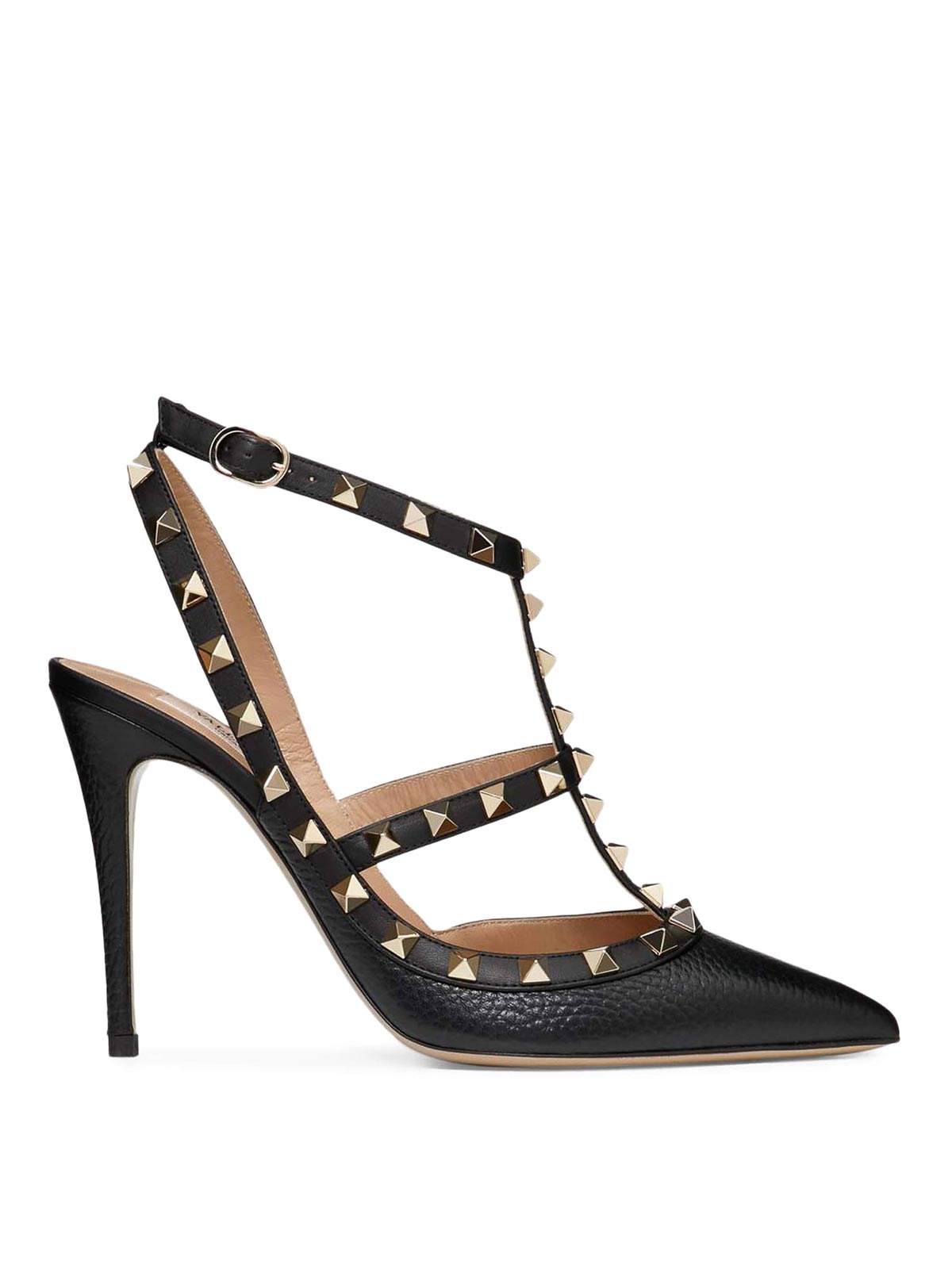 Valentino Garavani Rockstud Garnet Calfskin Straps Pumps 100mm In Black