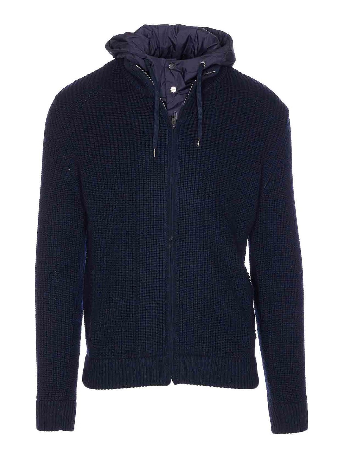 Herno Hooded Cardigan With Removable Detail And Pockets In Blue