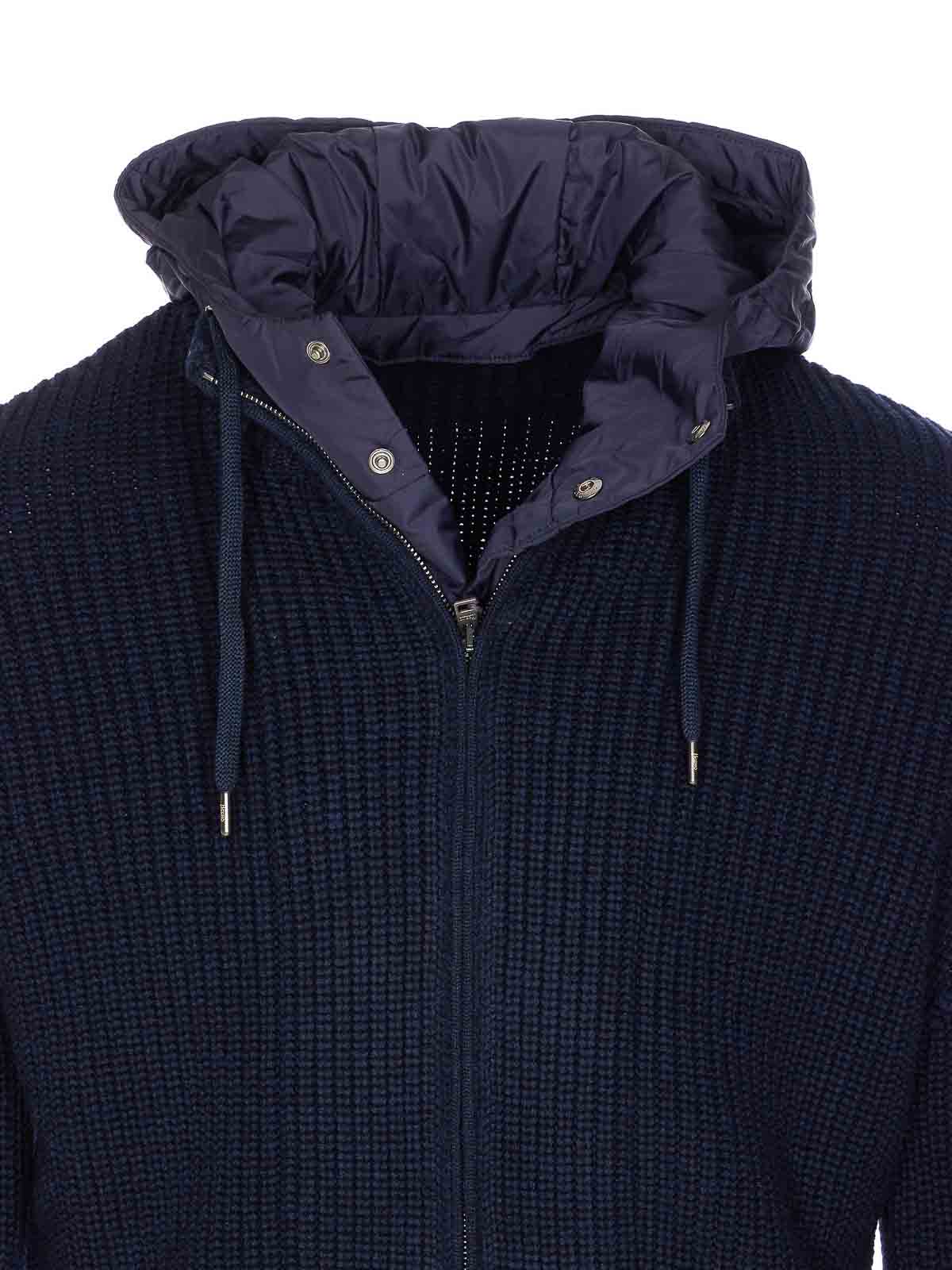 Herno Hooded Cardigan With Removable Detail And Pockets In Blue