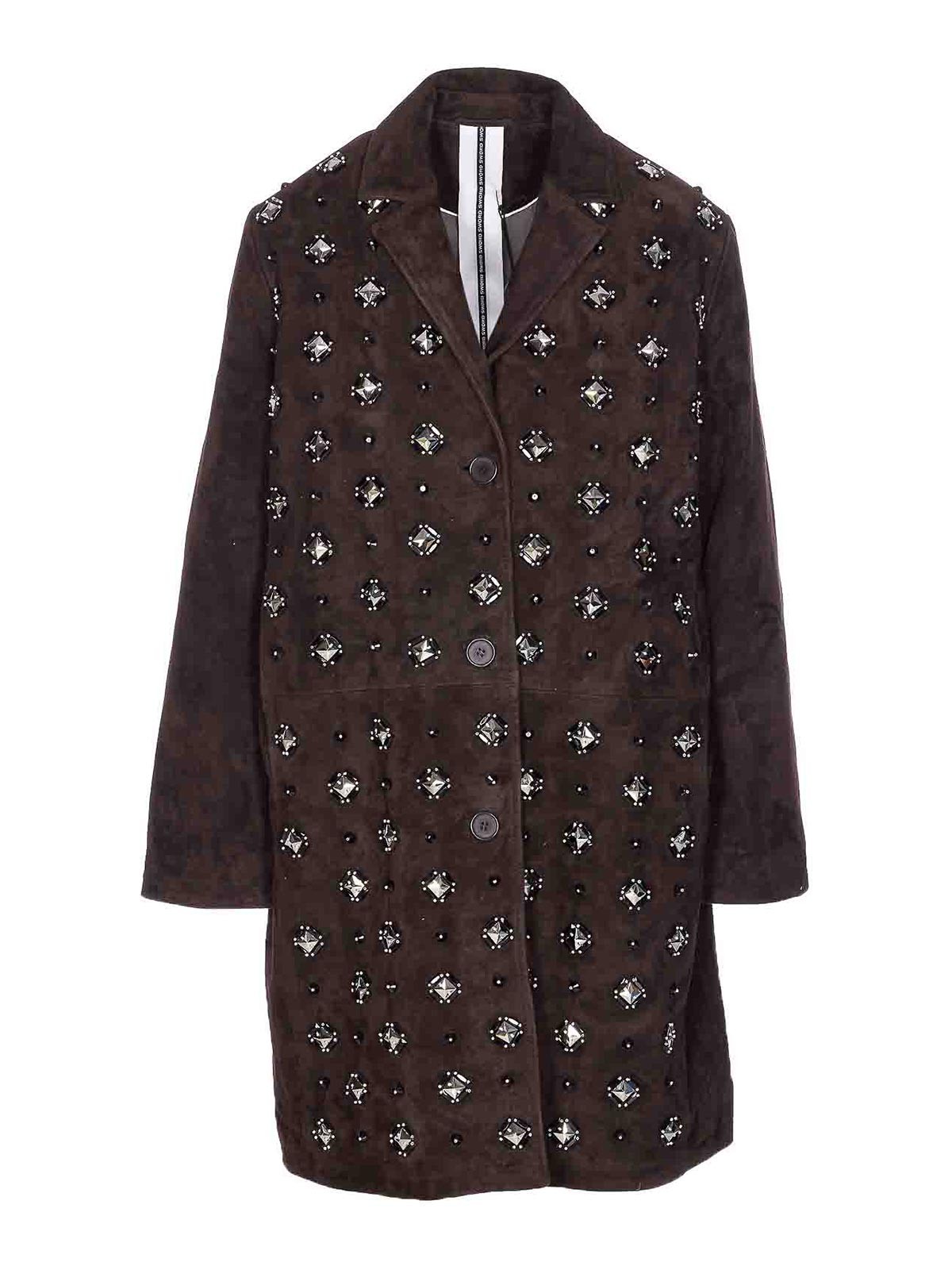 Sword 6.6.44 Suede Coat With Jewels Applications In Brown