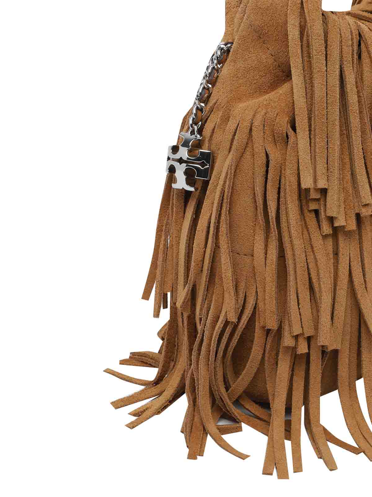 Tory Burch Wild Tabacco Mini Fleming Fringe Hobo Bag In Brown