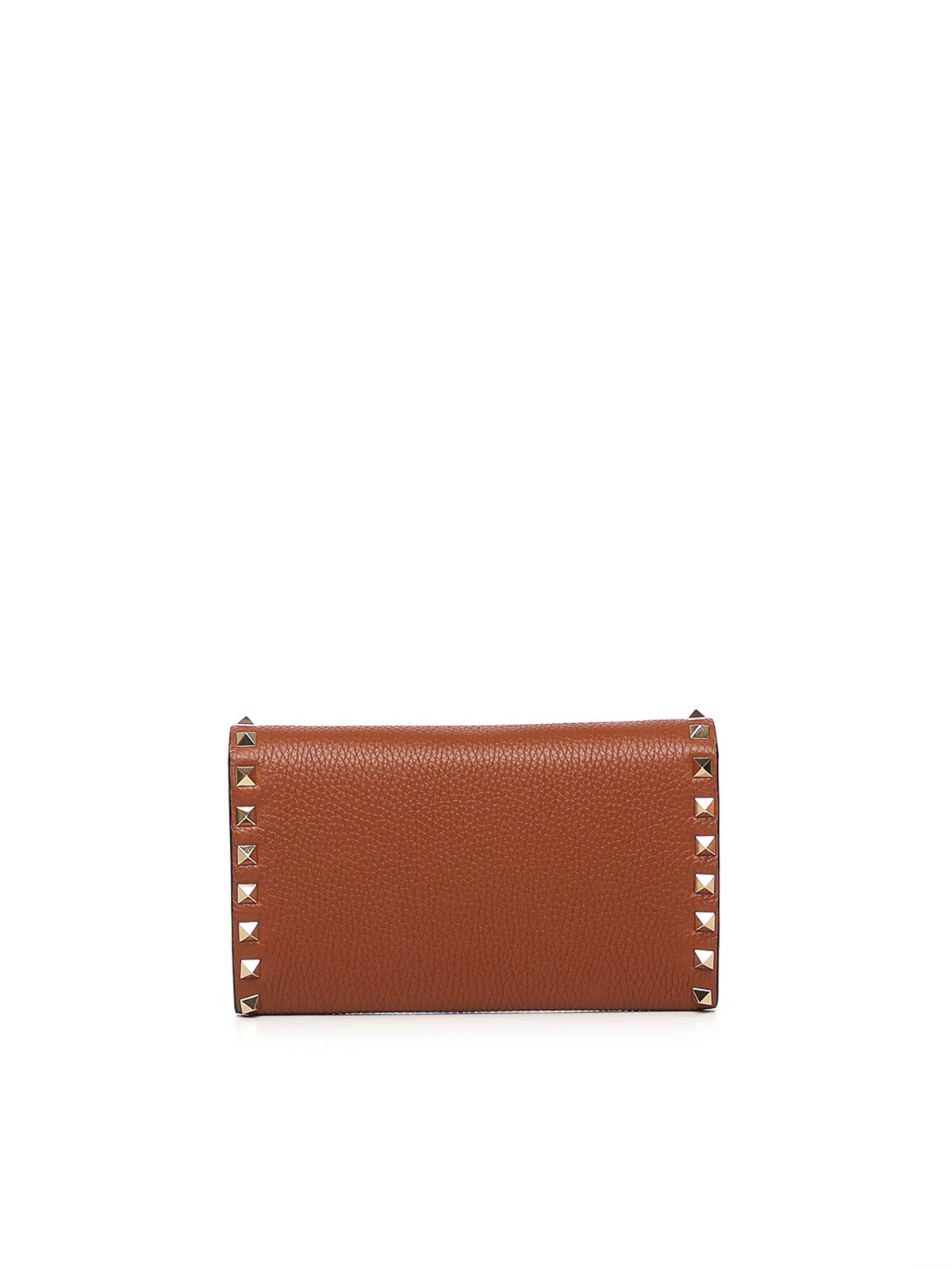 Valentino Rockstud Leather Wallet With Chain In Brown