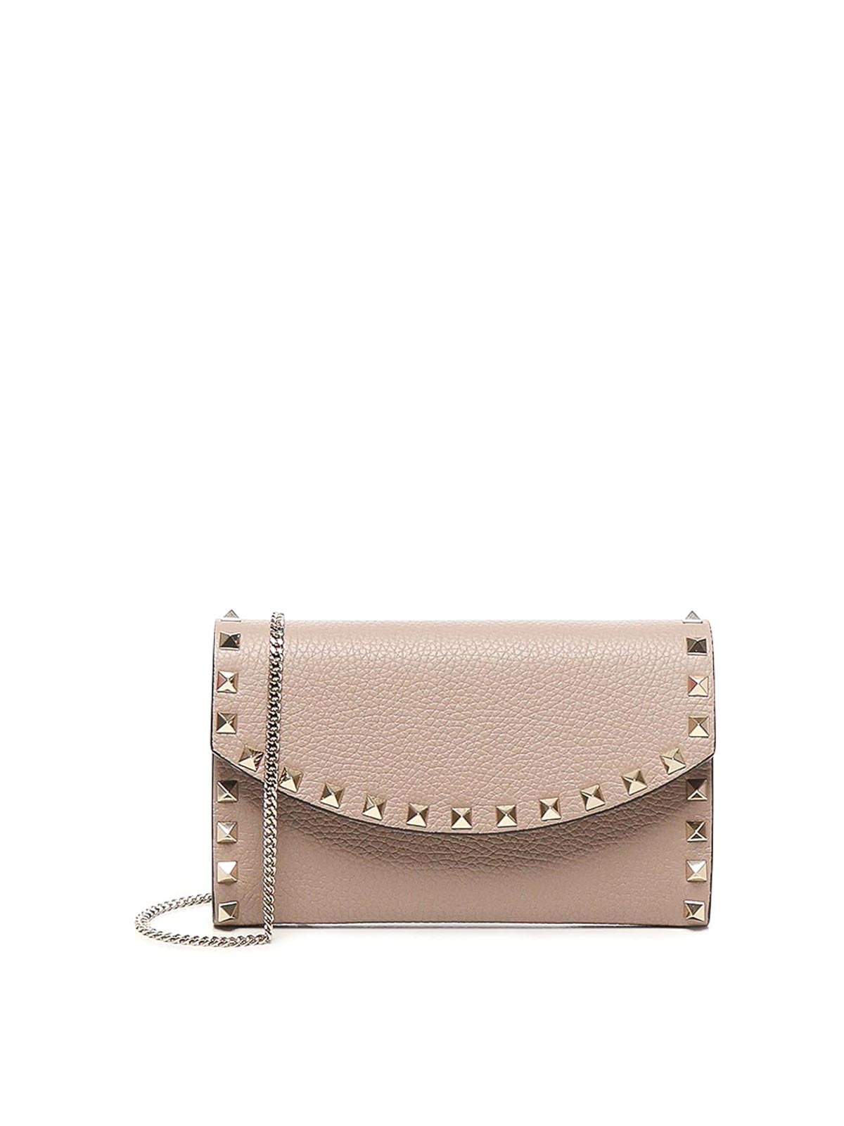 Valentino Garavani Rockstud Leather Wallet With Chain In Nude