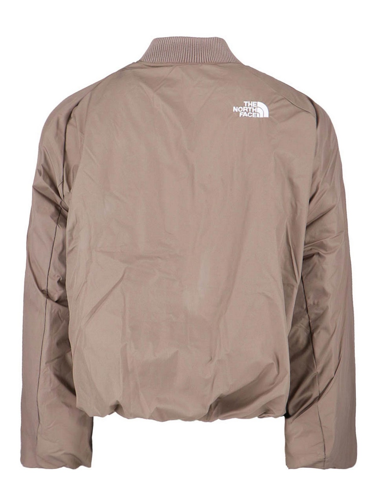 The North Face Beige Padded Bomber Jacket With Shawl Collar And Ribbed Trimming In Brown
