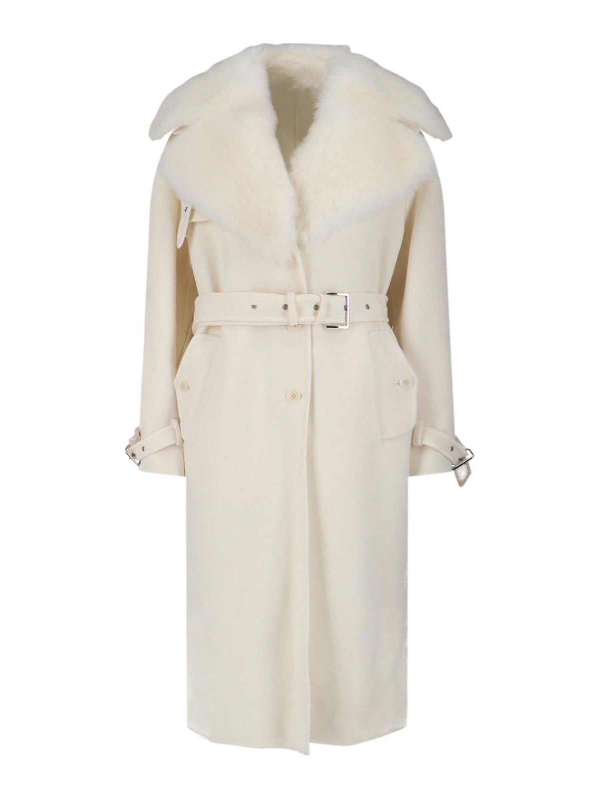 Ermanno Scervino Single-breasted Midi Tailored Coat With Belt And Collar In Real Sheepskin Fur In Multi