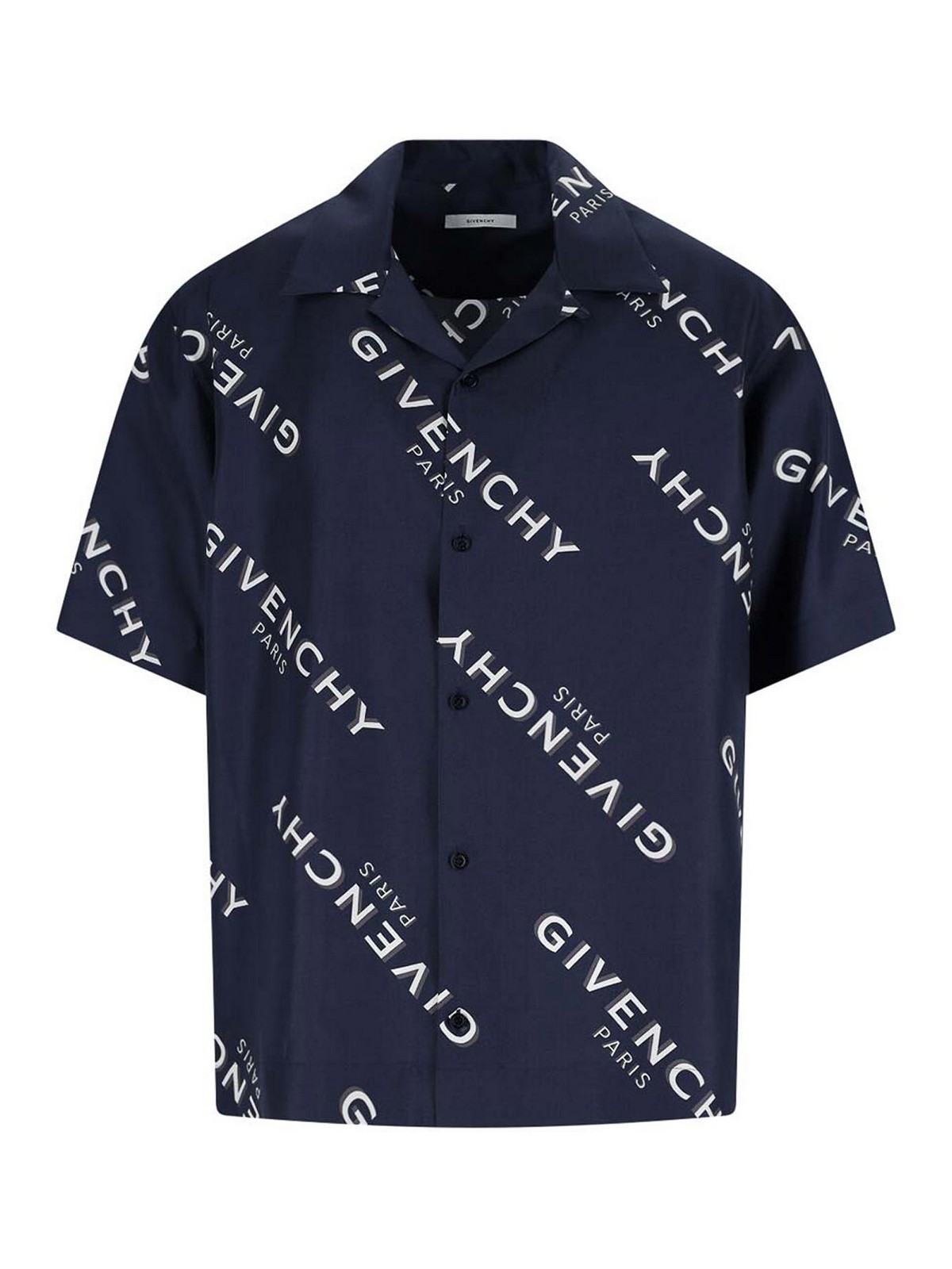 Givenchy Convertible-collar Logo-print Silk-twill Shirt In Blue