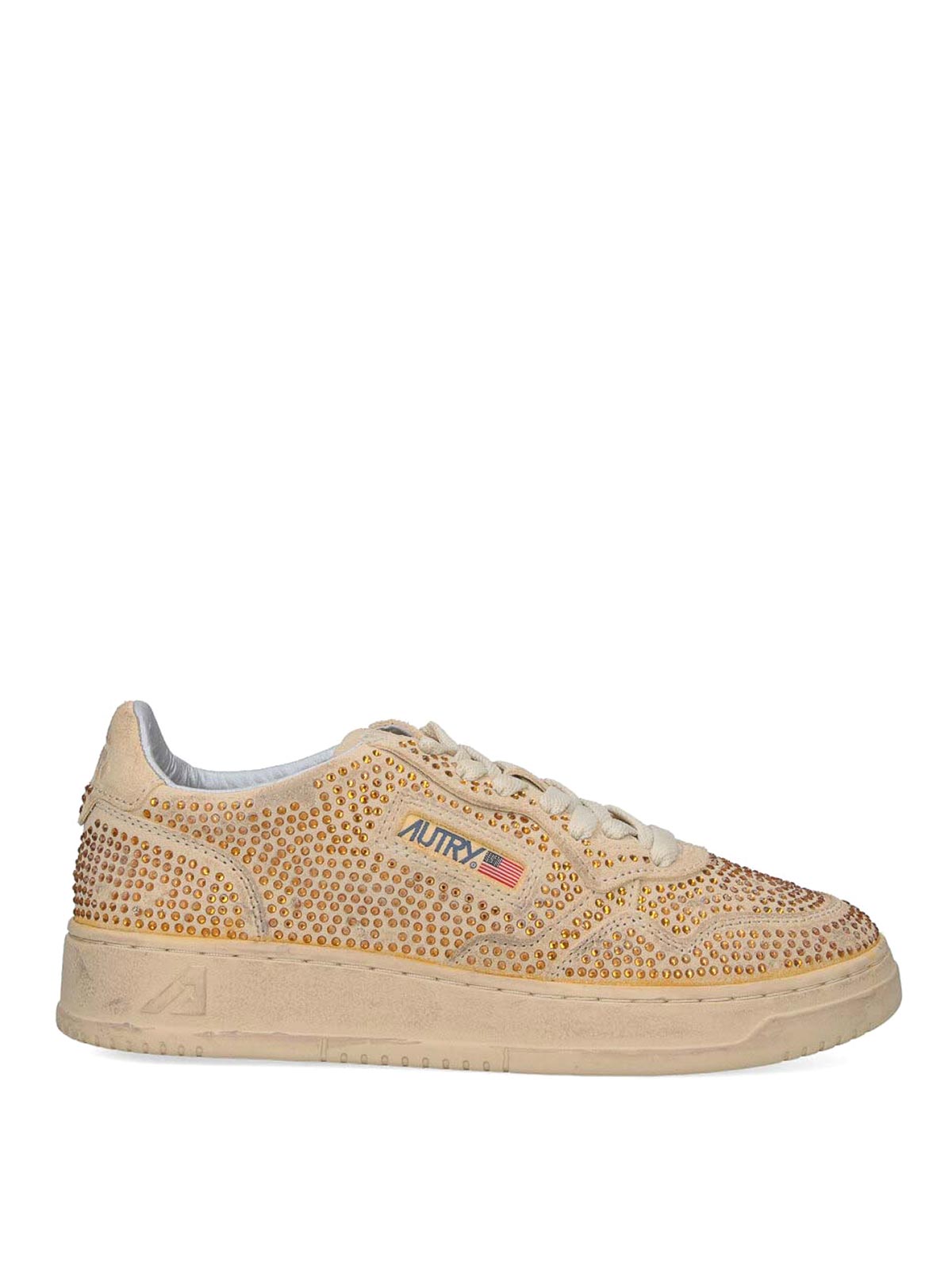 Autry Medalist Low Sneakers In Bronze Suede With Crystal Micro Rhinestones In Neutral