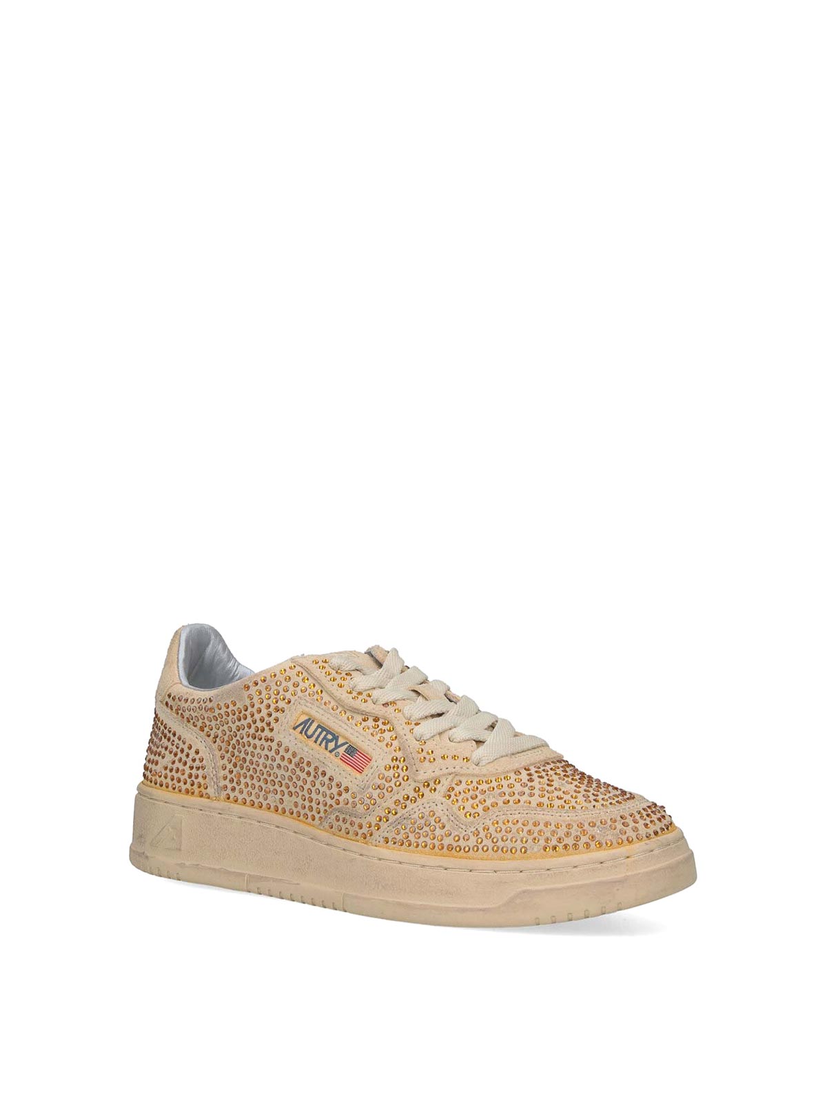 Autry Medalist Low Sneakers In Bronze Suede With Crystal Micro Rhinestones In Neutral