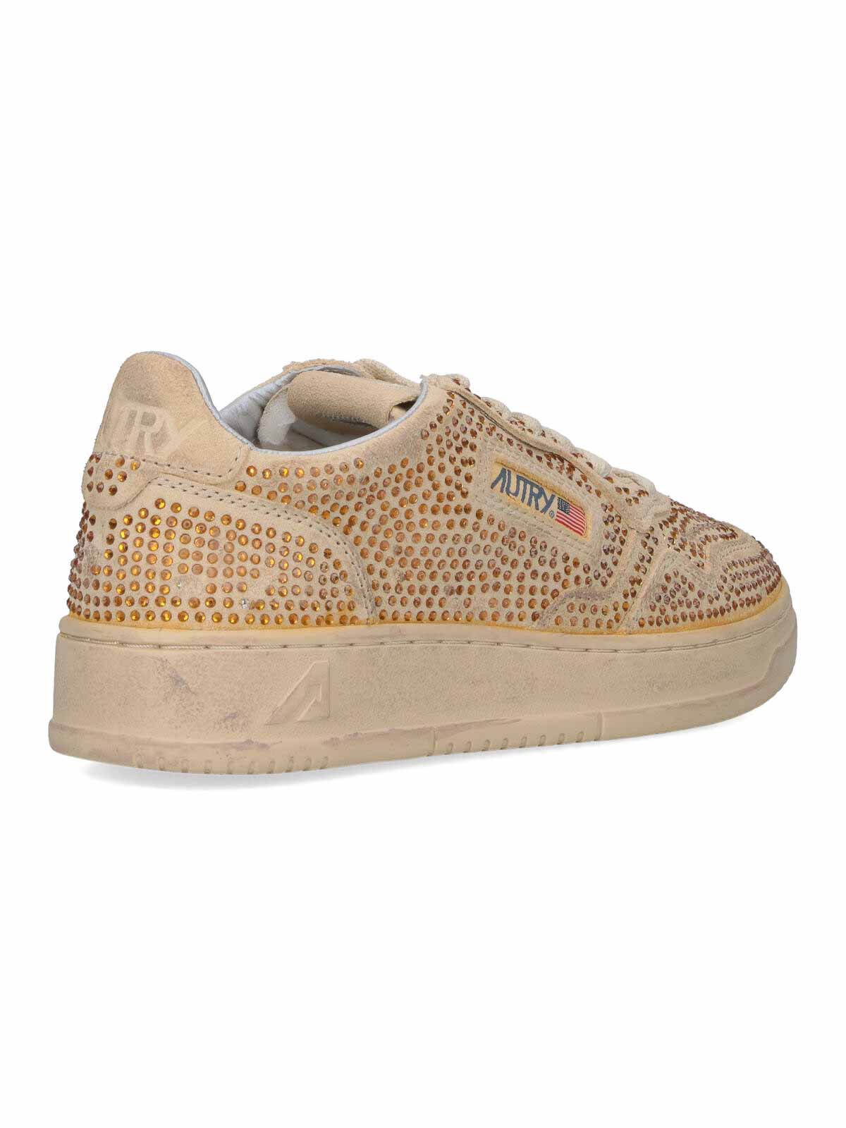 Autry Medalist Low Sneakers In Bronze Suede With Crystal Micro Rhinestones In Neutral