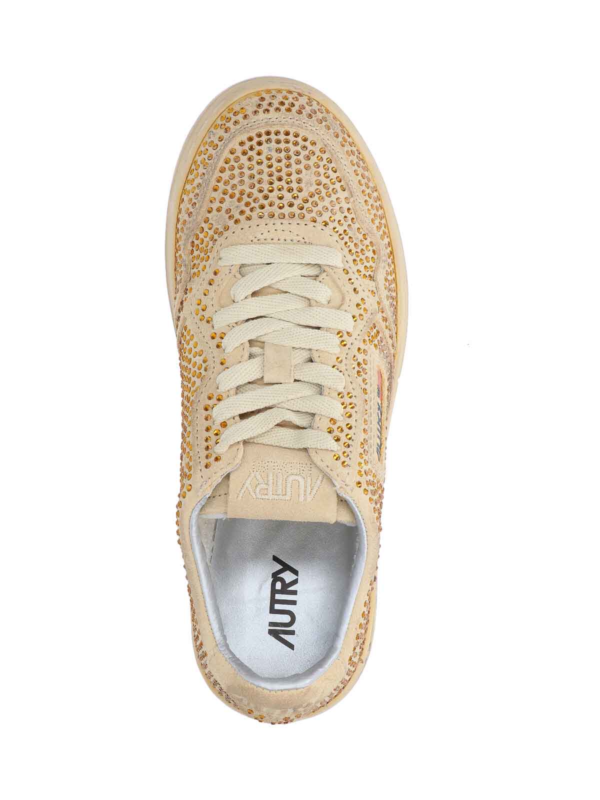 Autry Medalist Low Sneakers In Bronze Suede With Crystal Micro Rhinestones In Neutral