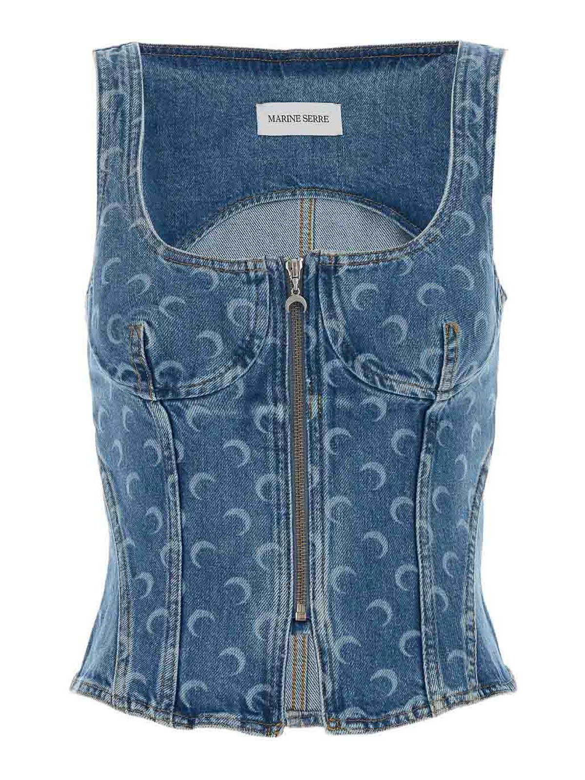 Marine Serre Moon Denim Bustier Top In Blue