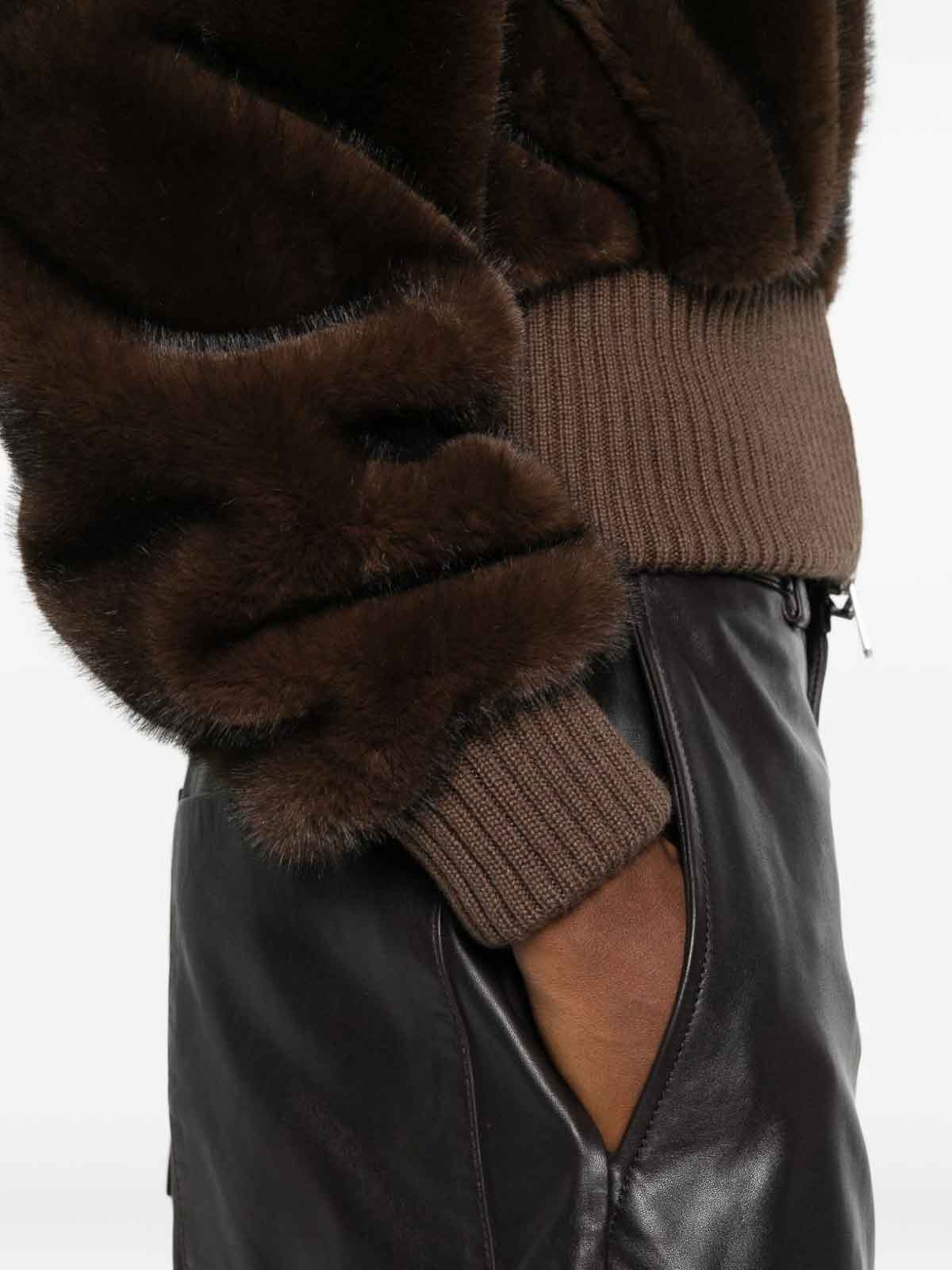 Pinko Cropped Jacket With Plush Faux Fur Texture In Brown