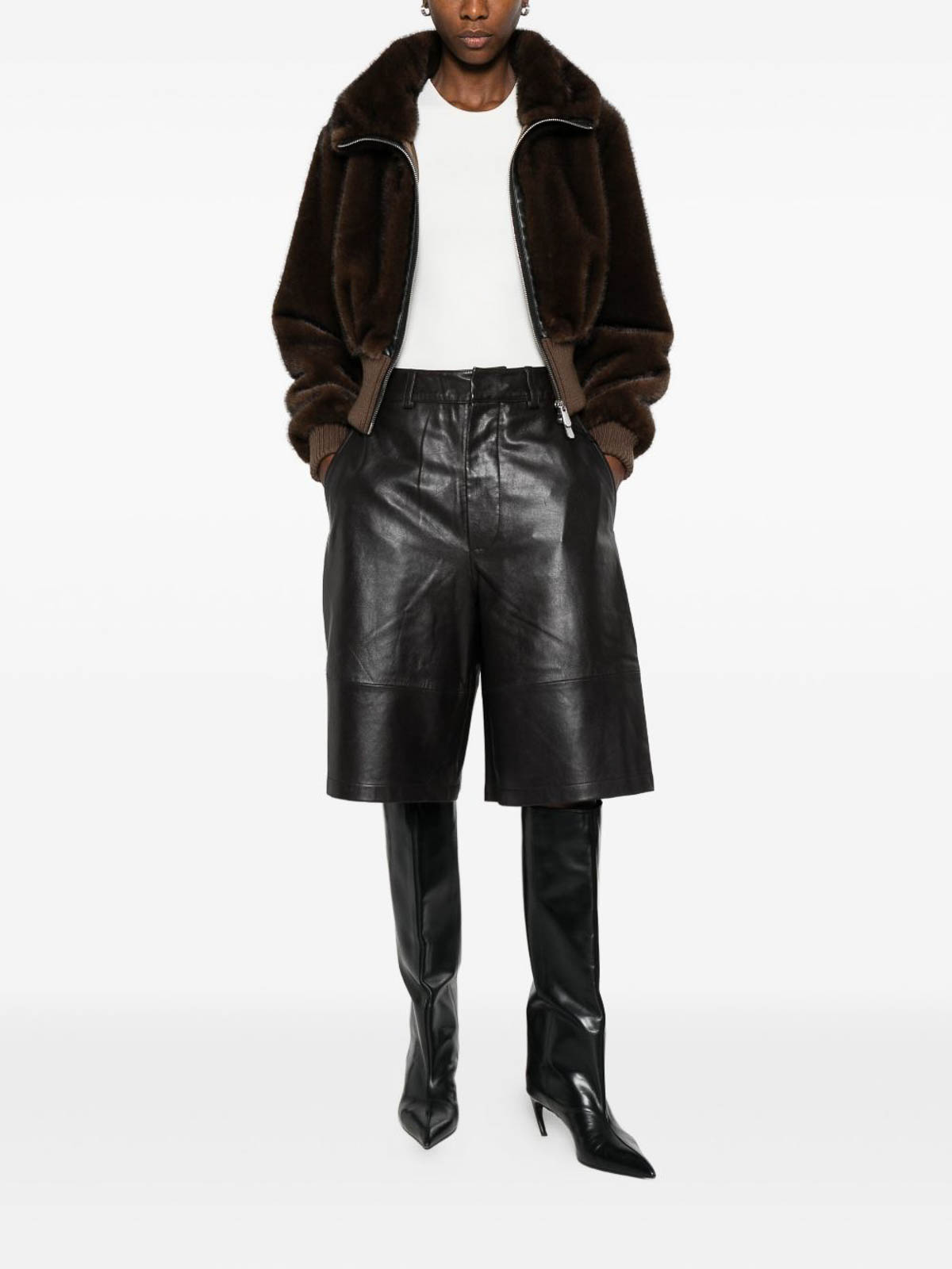 Pinko Cropped Jacket With Plush Faux Fur Texture In Brown