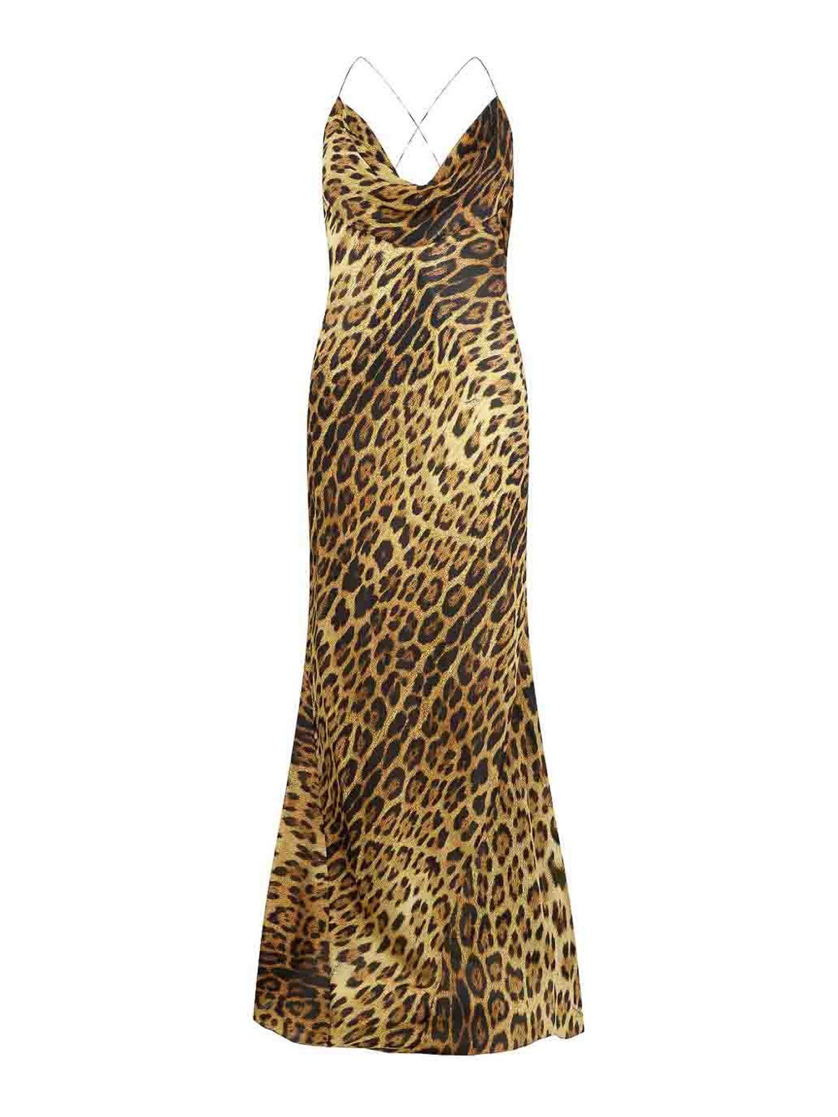 Roberto Cavalli Leopard Print Draped Dress With Open Back In Brown