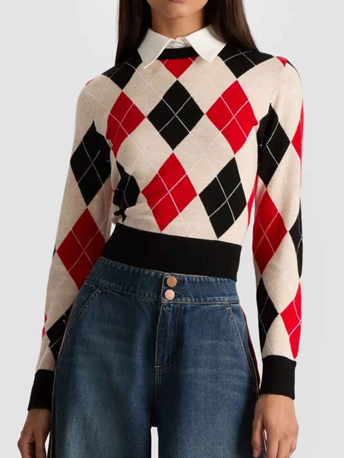 Alice And Olivia Carolann Collared Argyle Sweater In Multi
