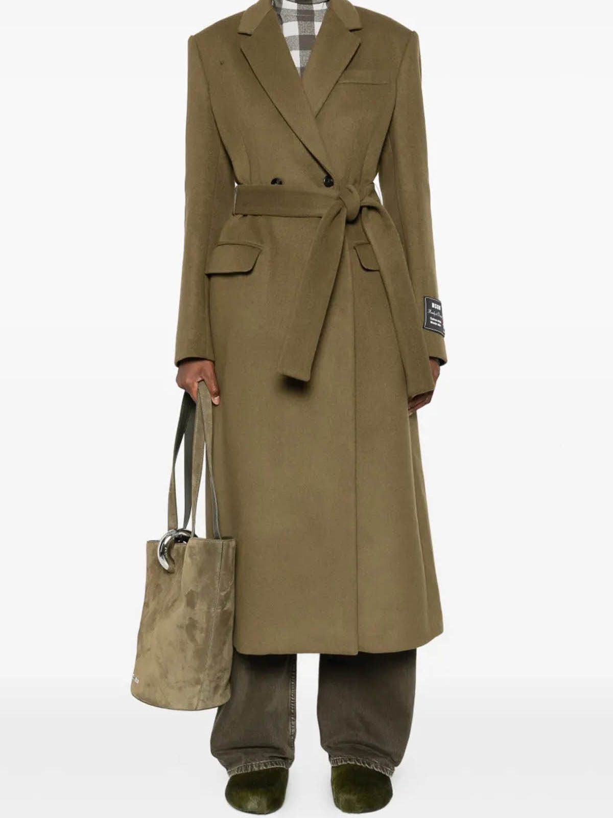 Msgm Double-breasted Coat With Belt In Green