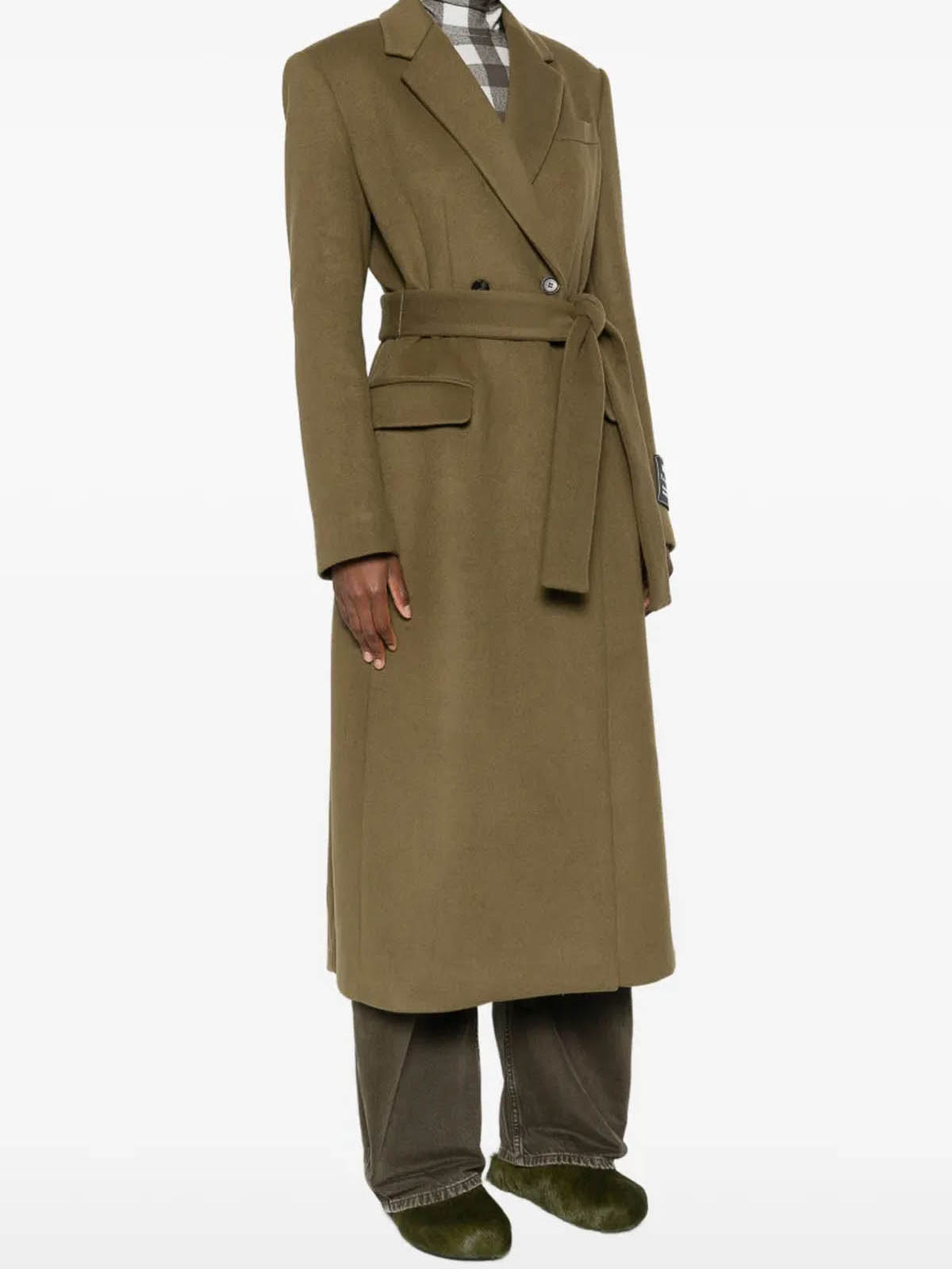 Msgm Double-breasted Coat With Belt In Green