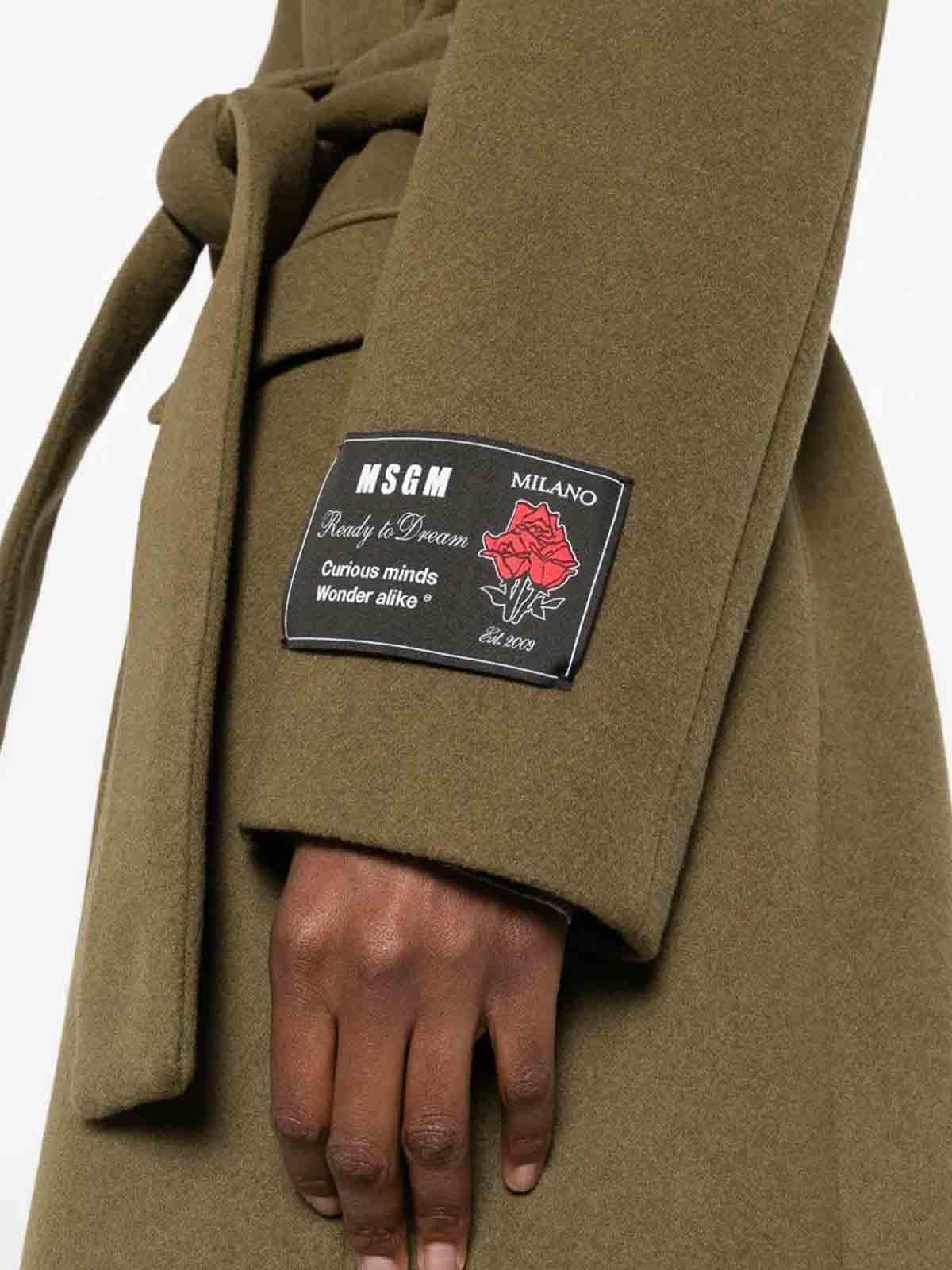 Msgm Double-breasted Coat With Belt In Green