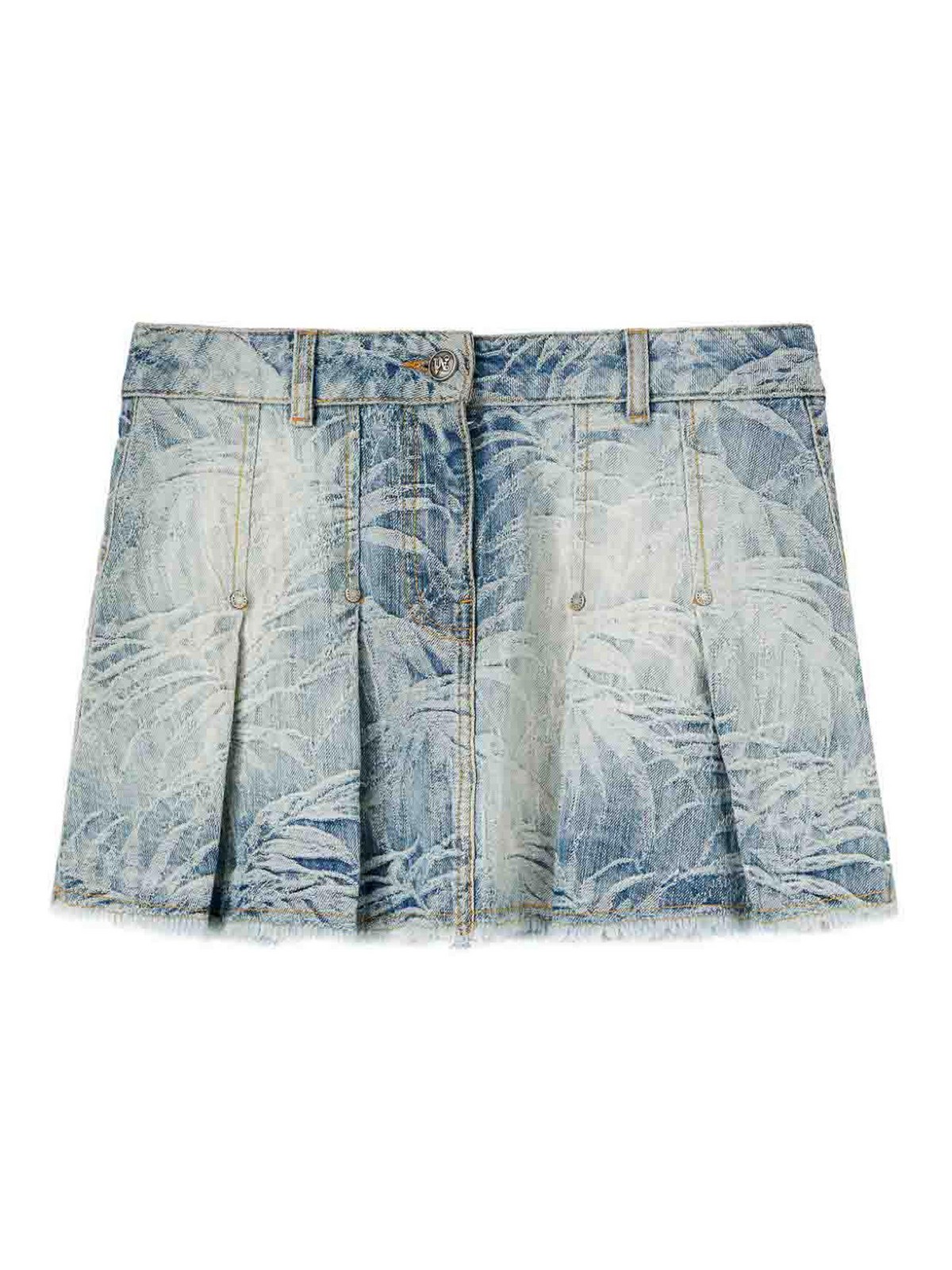 Palm Angels Denim Mini Skirt With Jacquard Palms In Blue