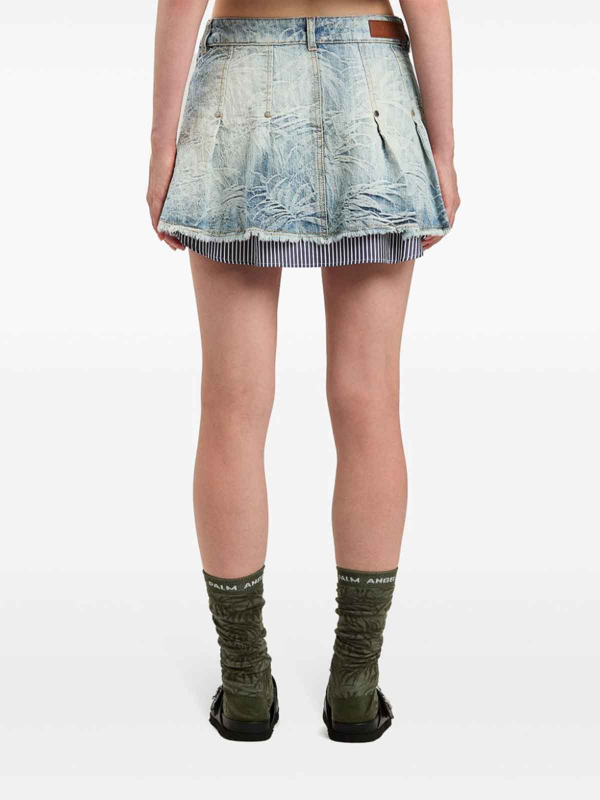 Palm Angels Denim Mini Skirt With Jacquard Palms In Blue
