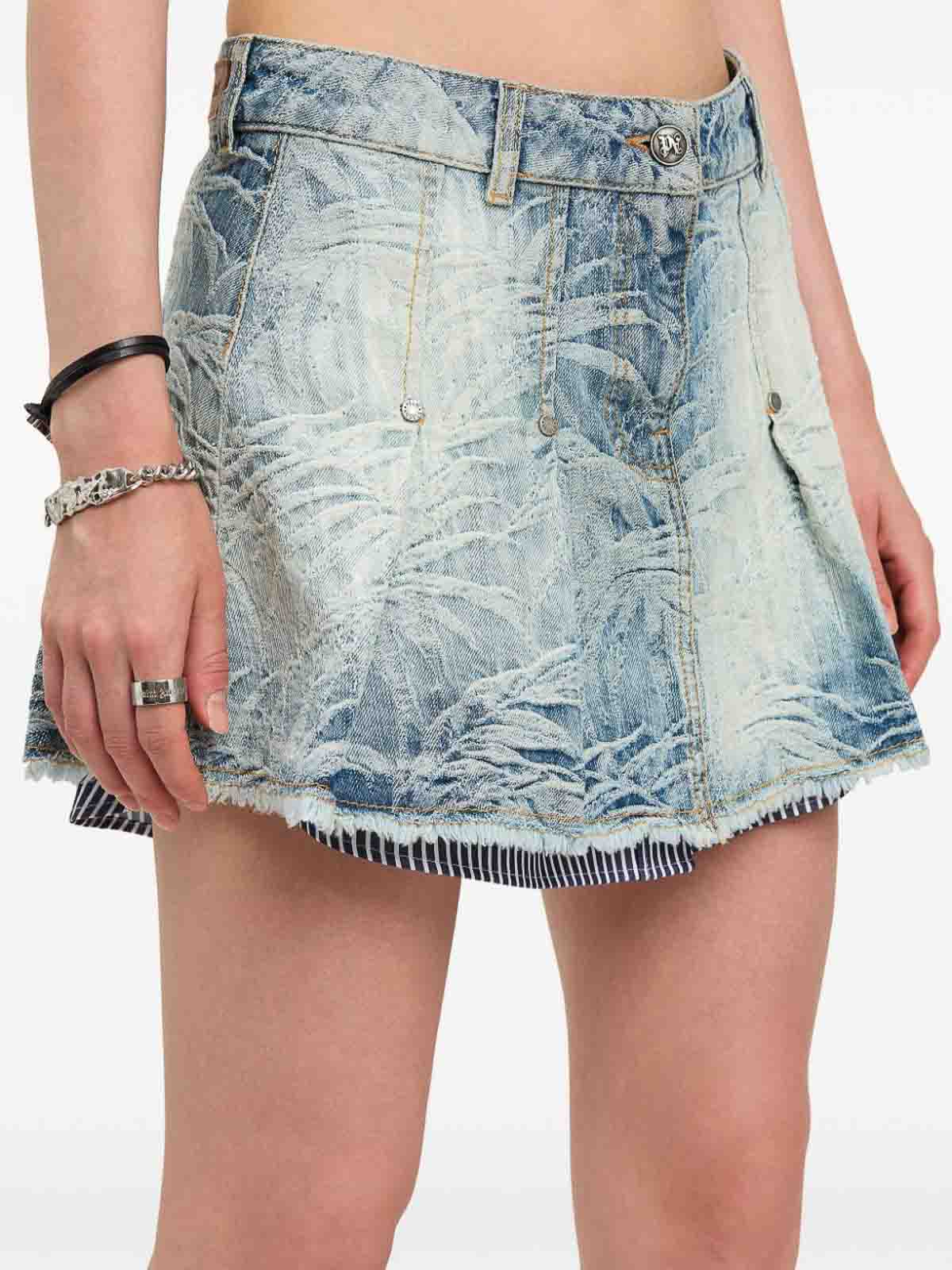 Palm Angels Denim Mini Skirt With Jacquard Palms In Blue