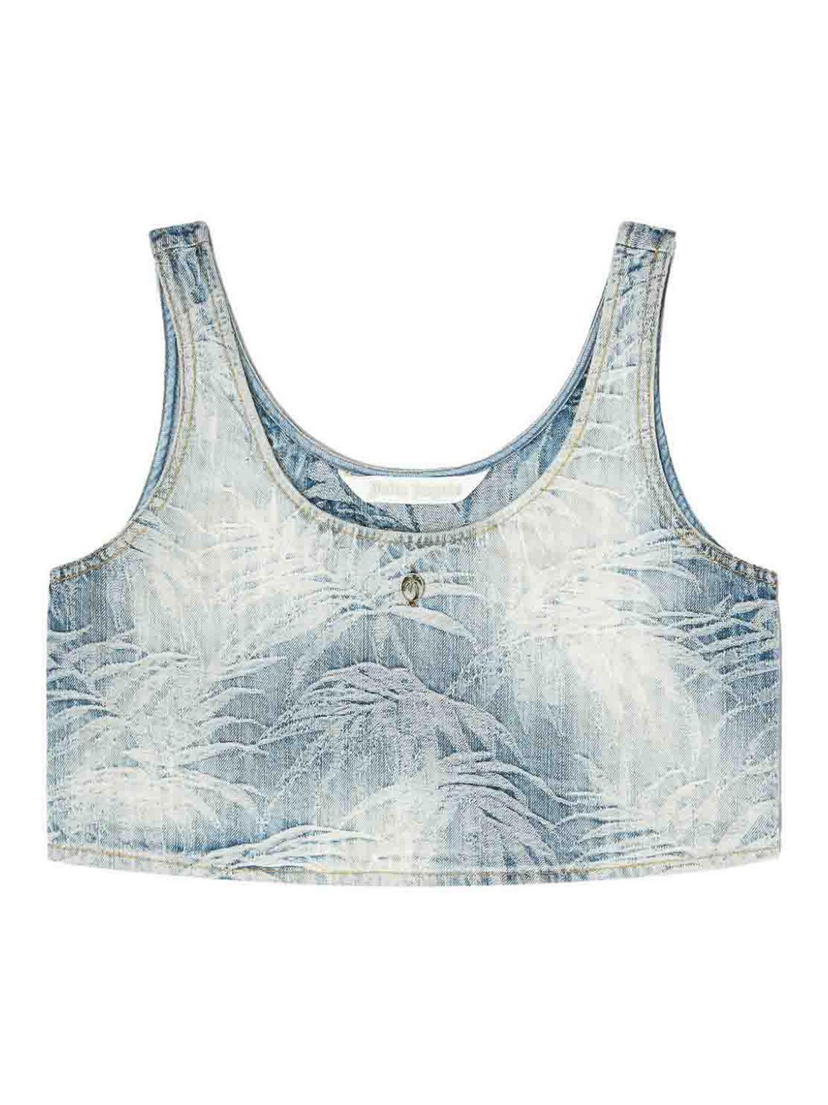 Palm Angels Denim Crop Top With Jacquard Palms In Blue
