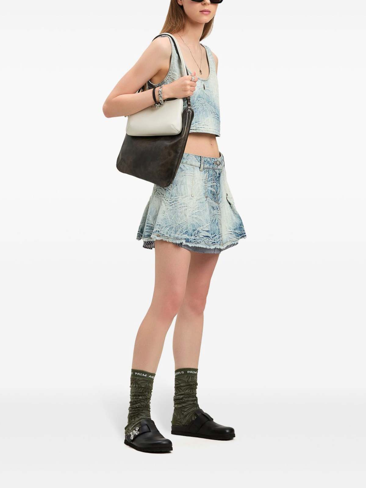 Palm Angels Denim Crop Top With Jacquard Palms In Blue