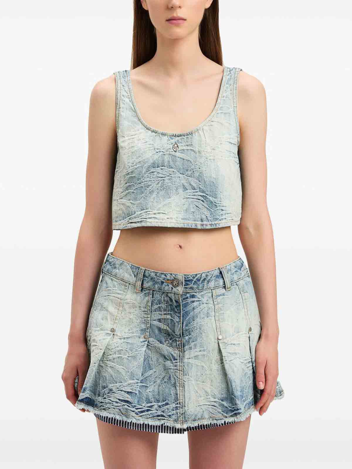 Palm Angels Denim Crop Top With Jacquard Palms In Blue