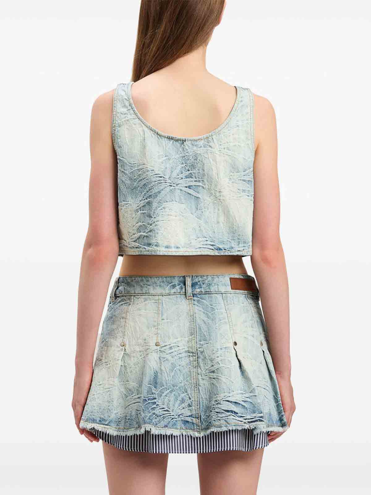 Palm Angels Denim Crop Top With Jacquard Palms In Blue