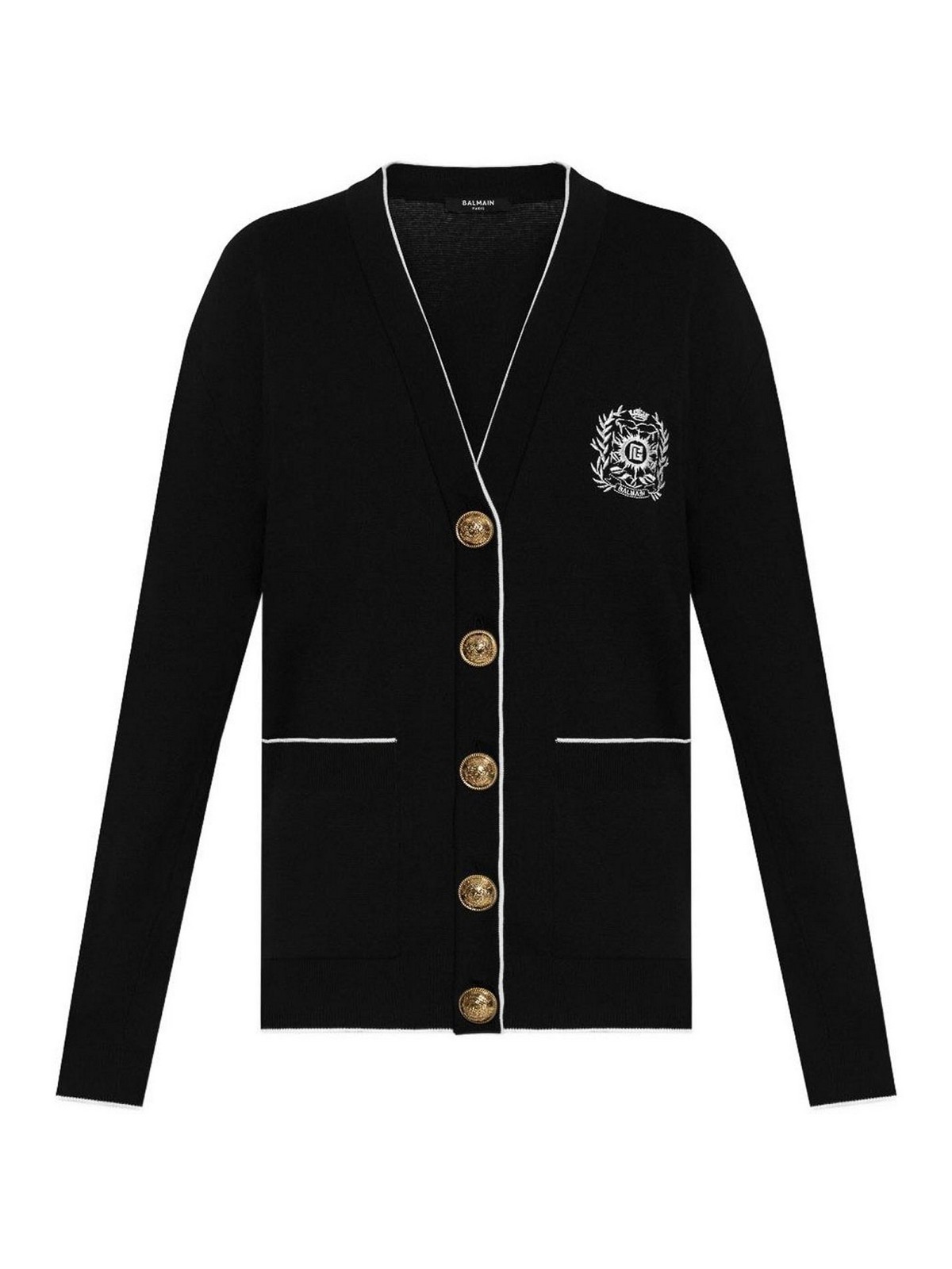 Balmain Cardigan Sweater With Silk Embroidery In Black