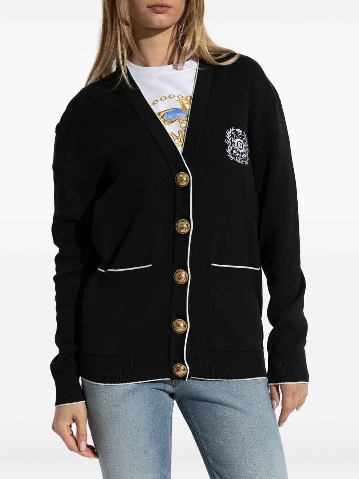 Balmain Cardigan Sweater With Silk Embroidery In Black