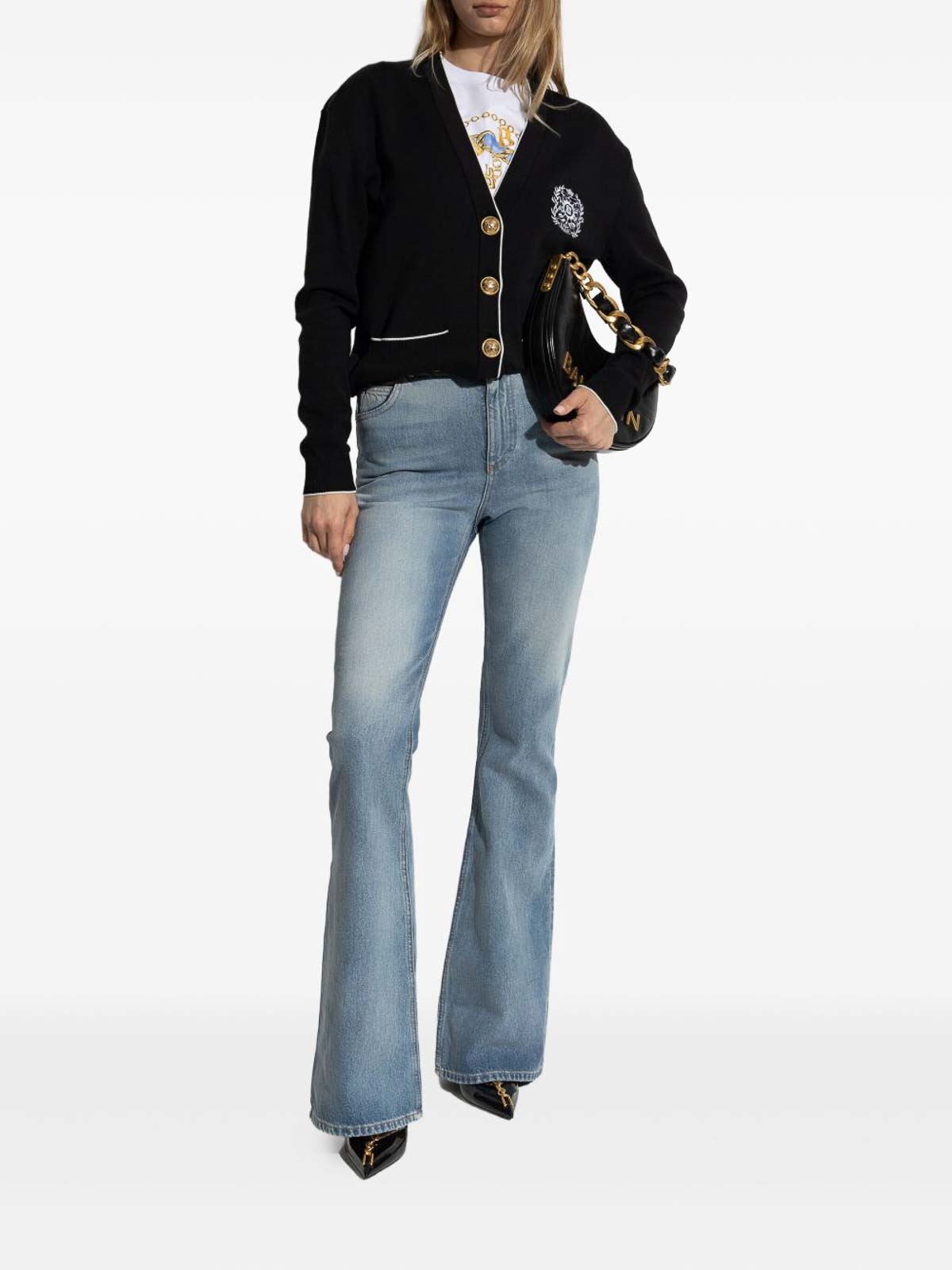 Balmain Cardigan Sweater With Silk Embroidery In Black