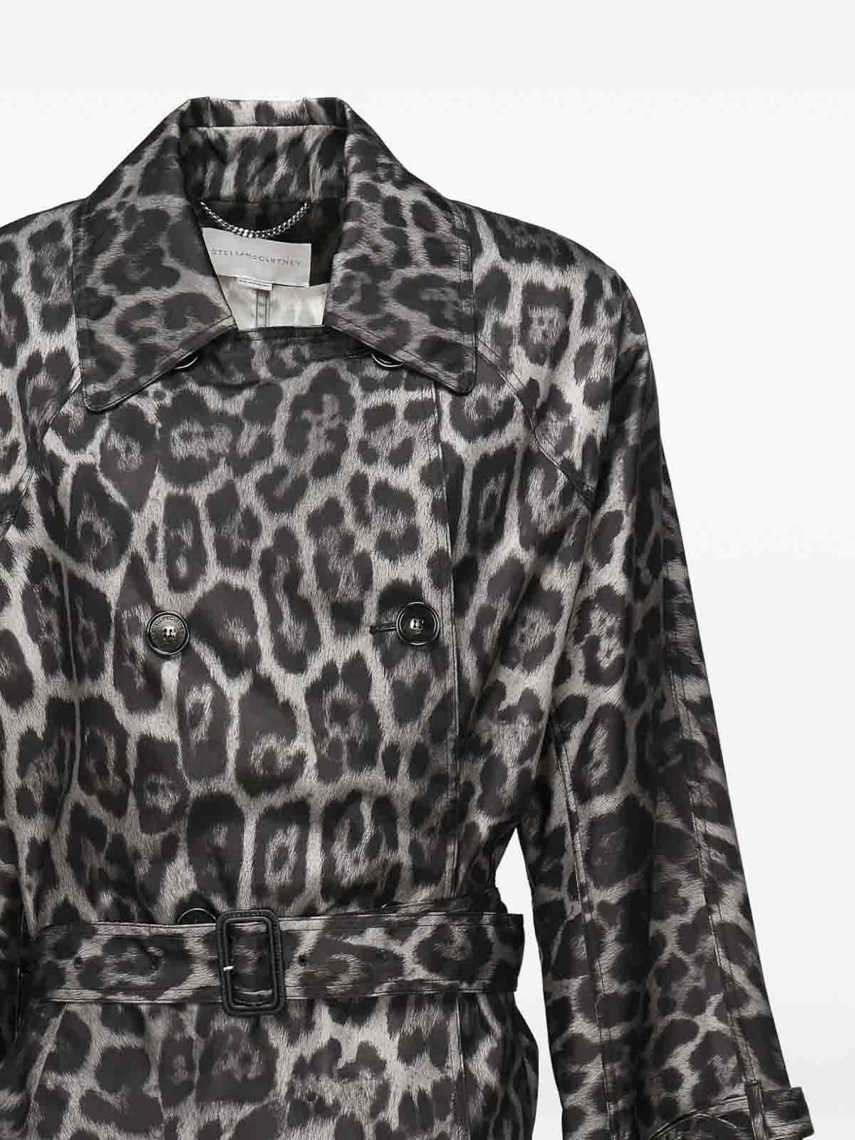 Stella Mccartney Beltd Trench Coat With Leopard Print In Gray