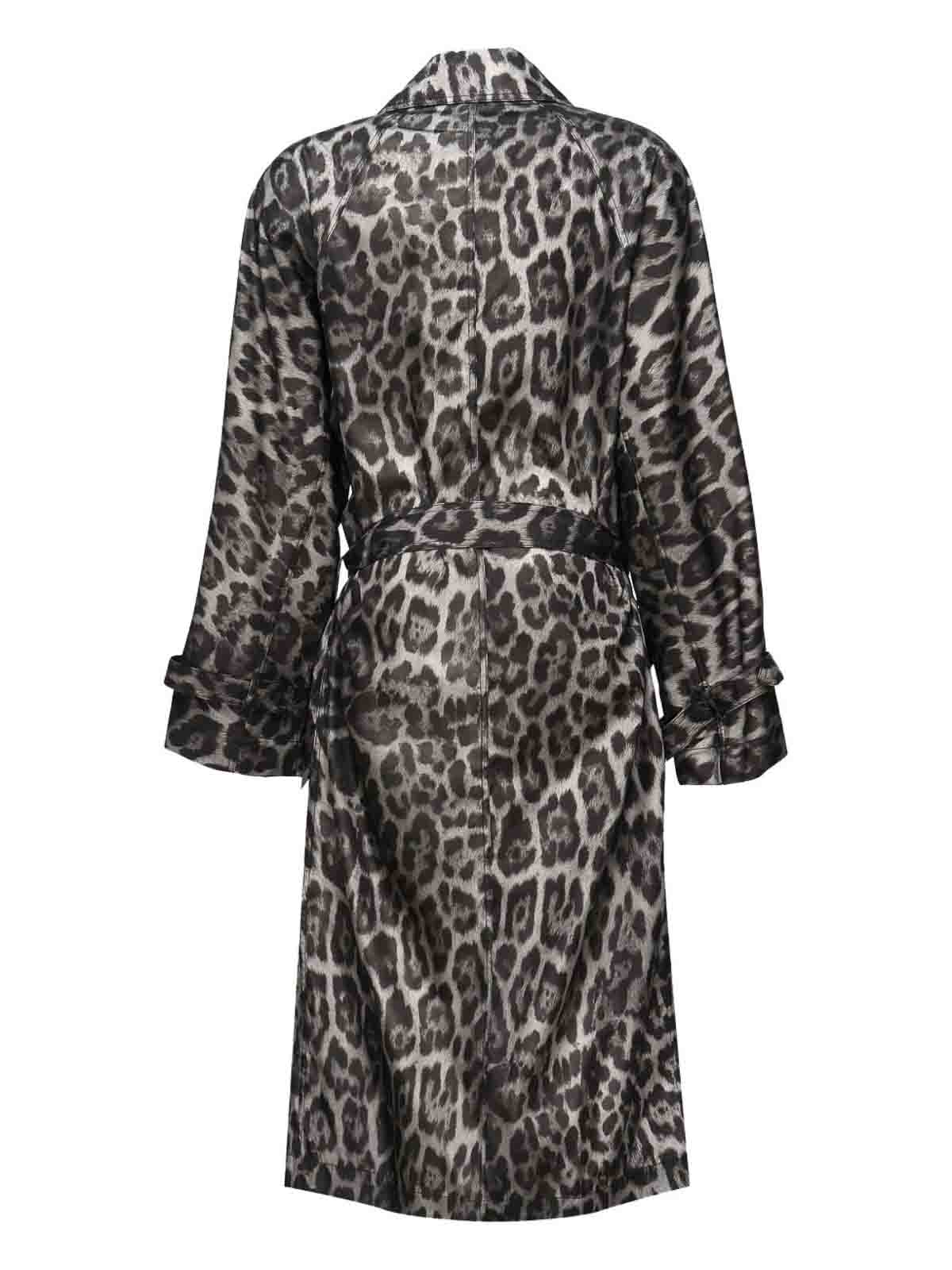 Stella Mccartney Beltd Trench Coat With Leopard Print In Gray