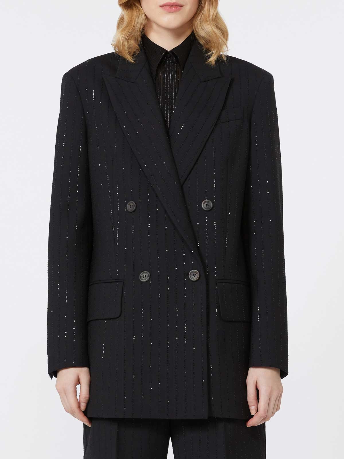 Max Mara Double-breasted Pinstriped Wool Blazer In Black