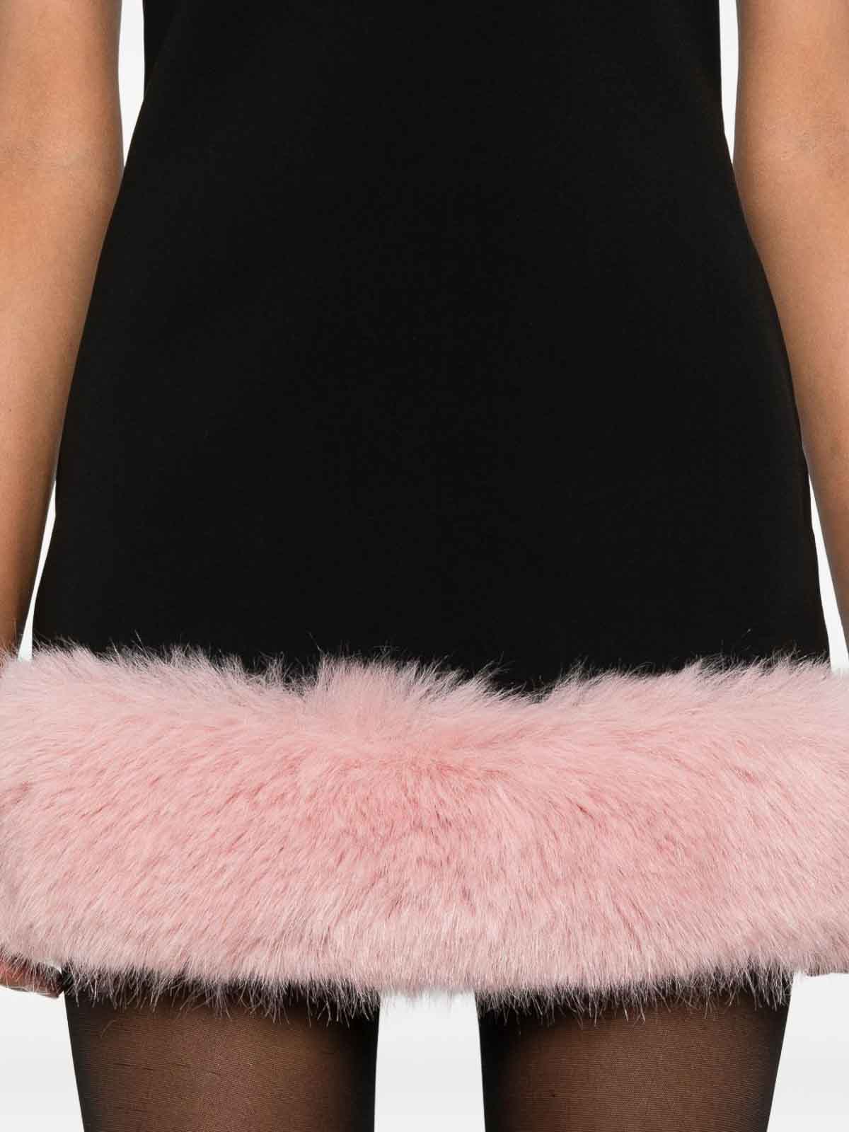 Self-portrait Back Crepe Mini Dress With Pink Faux Fur Hem In Black