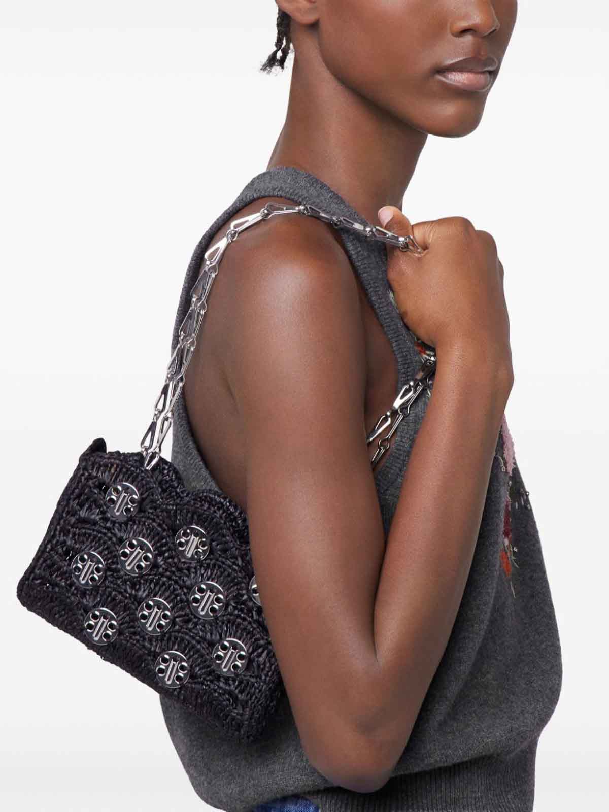 Rabanne Raffia Woven Crochet Shoulder Bag Disc In Black