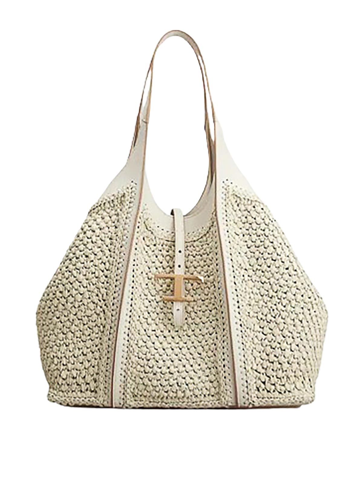 Tod's T Timeless Raffia And Leather Medium Bag In White