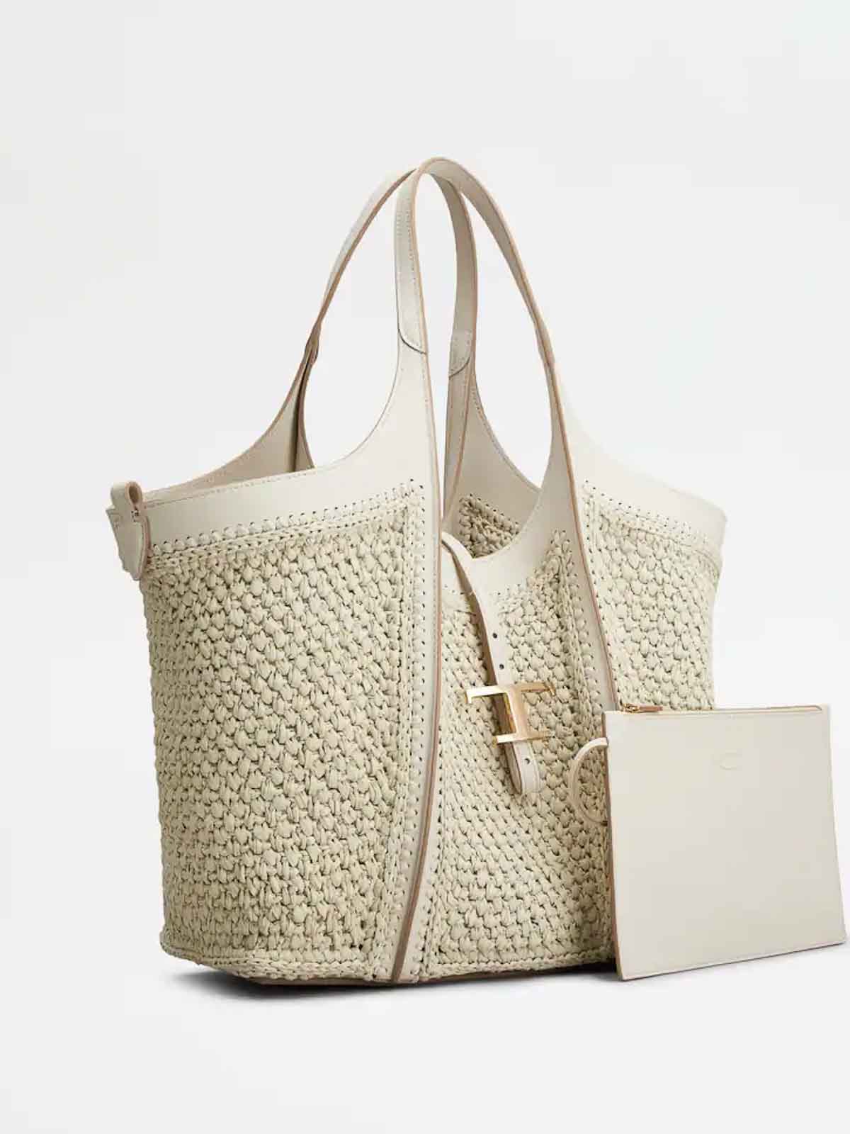 Tod's T Timeless Raffia And Leather Medium Bag In White