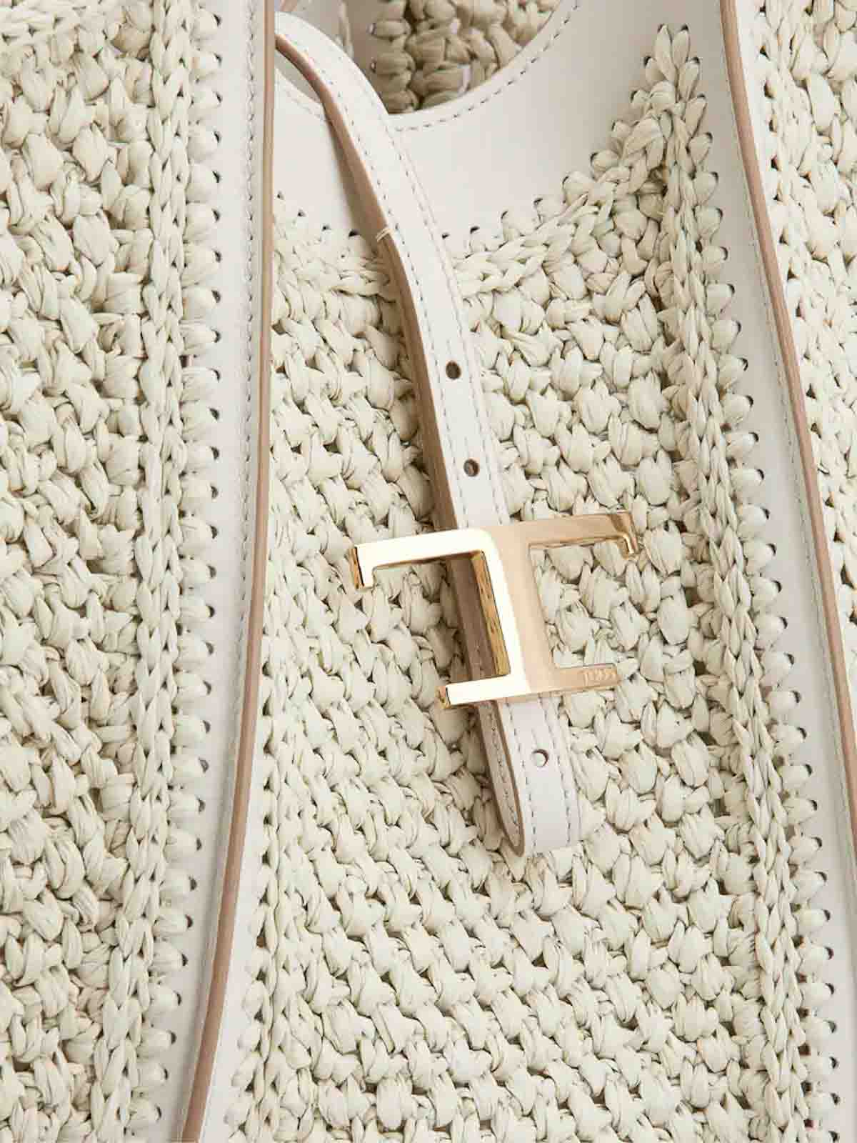 Tod's T Timeless Raffia And Leather Medium Bag In White