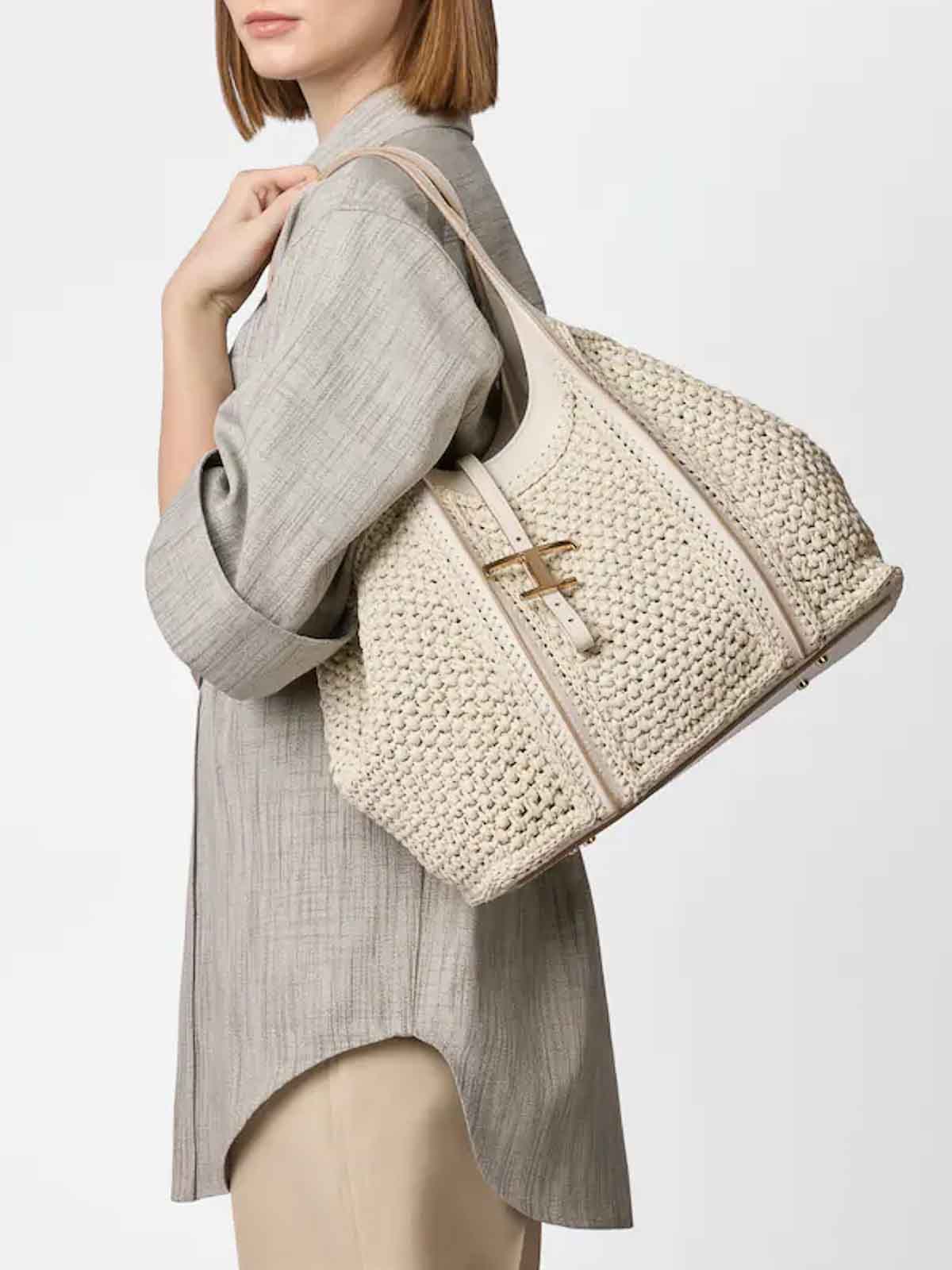 Tod's T Timeless Raffia And Leather Medium Bag In White