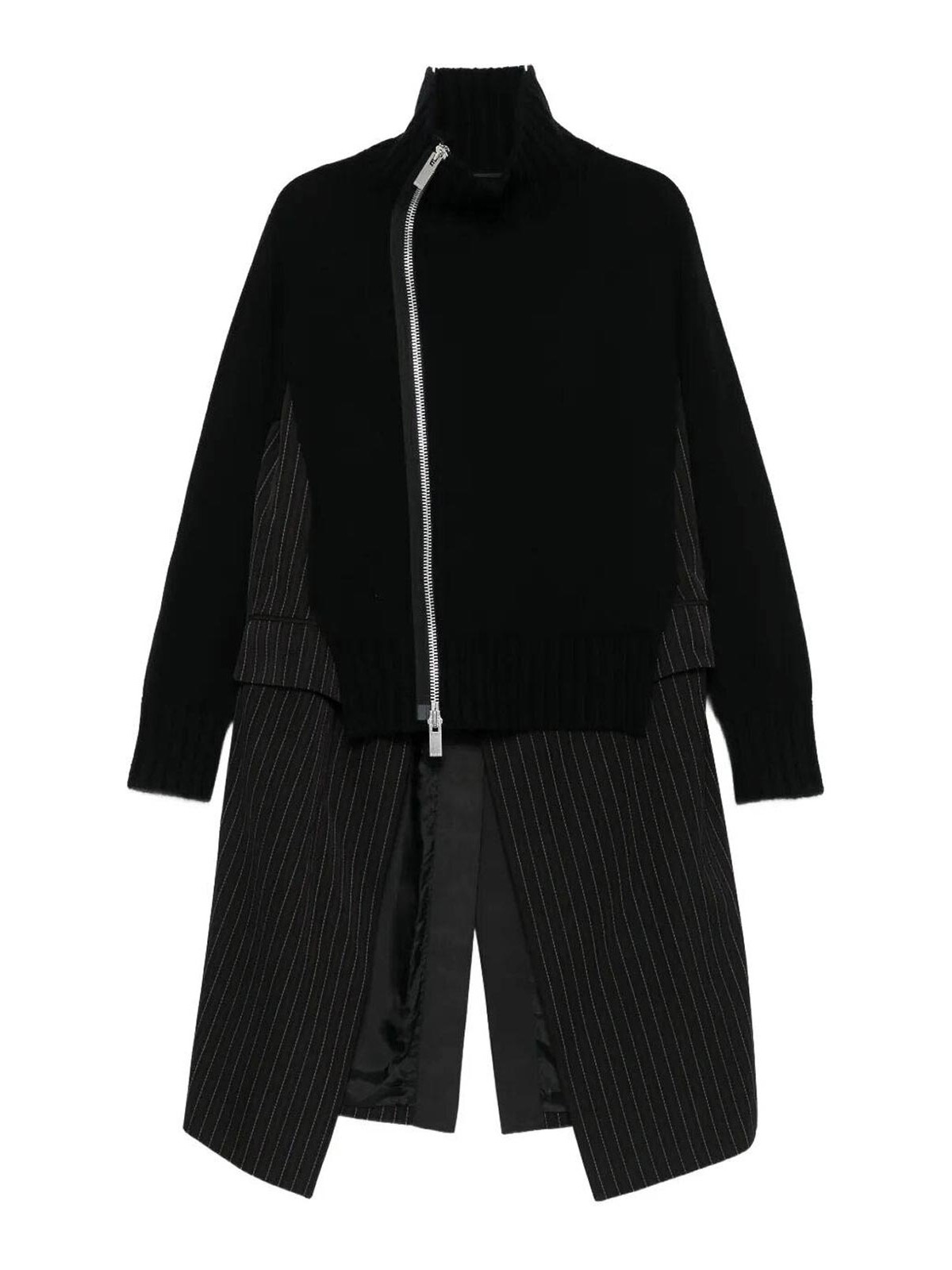 Sacai Stripe Doeskin X Wool Knit Coat Dress In Black