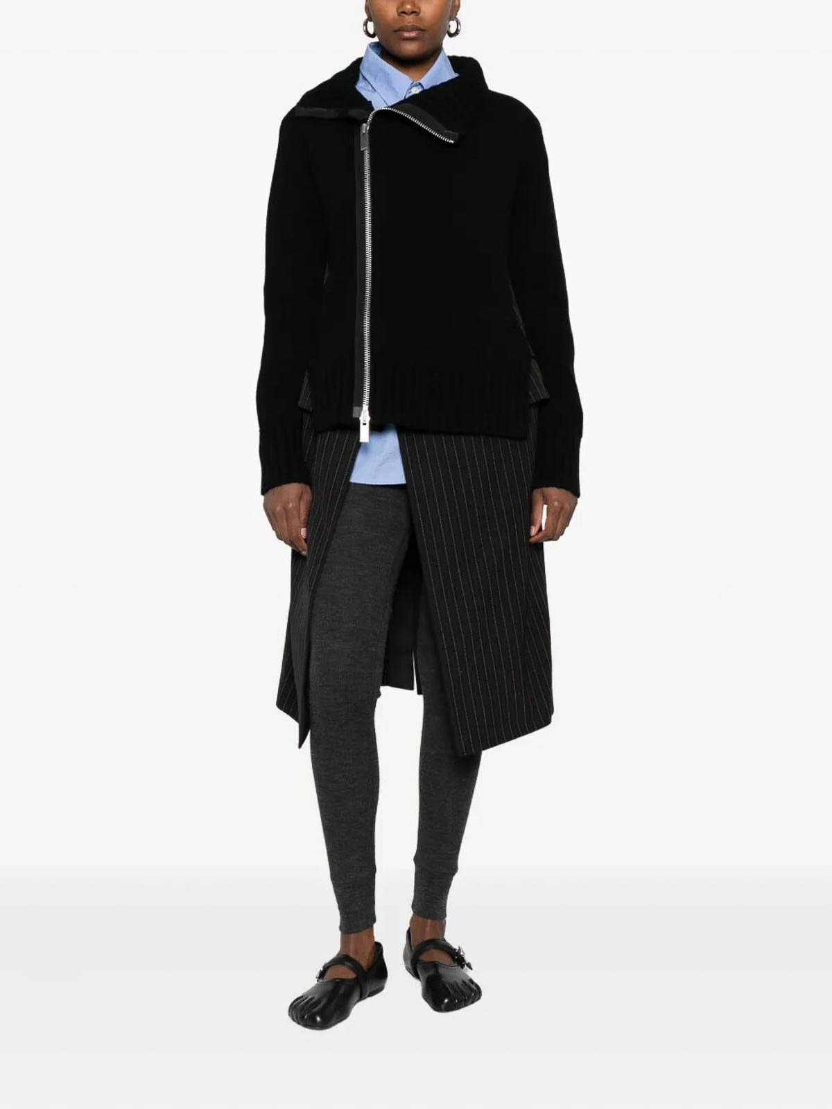 Sacai Stripe Doeskin X Wool Knit Coat Dress In Black