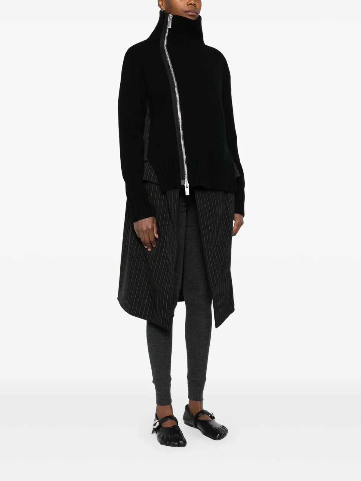 Sacai Stripe Doeskin X Wool Knit Coat Dress In Black