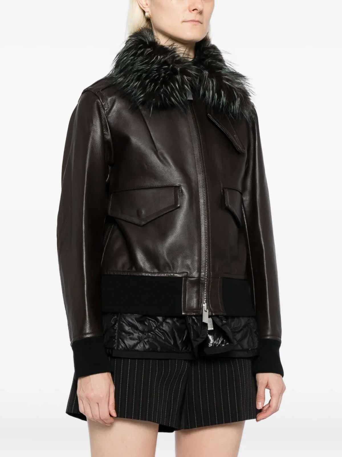 Sacai Faux Fur-collar Leather Jacket In Brown