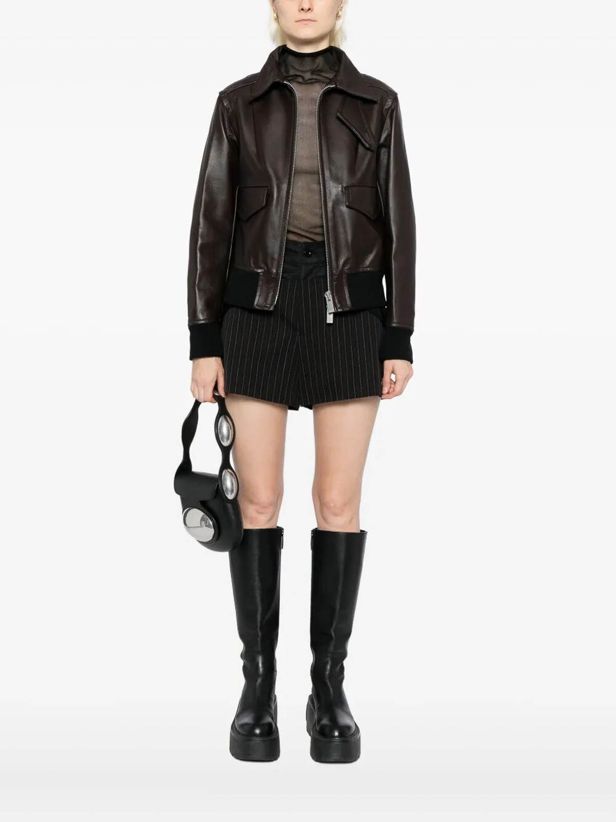 Sacai Faux Fur-collar Leather Jacket In Brown